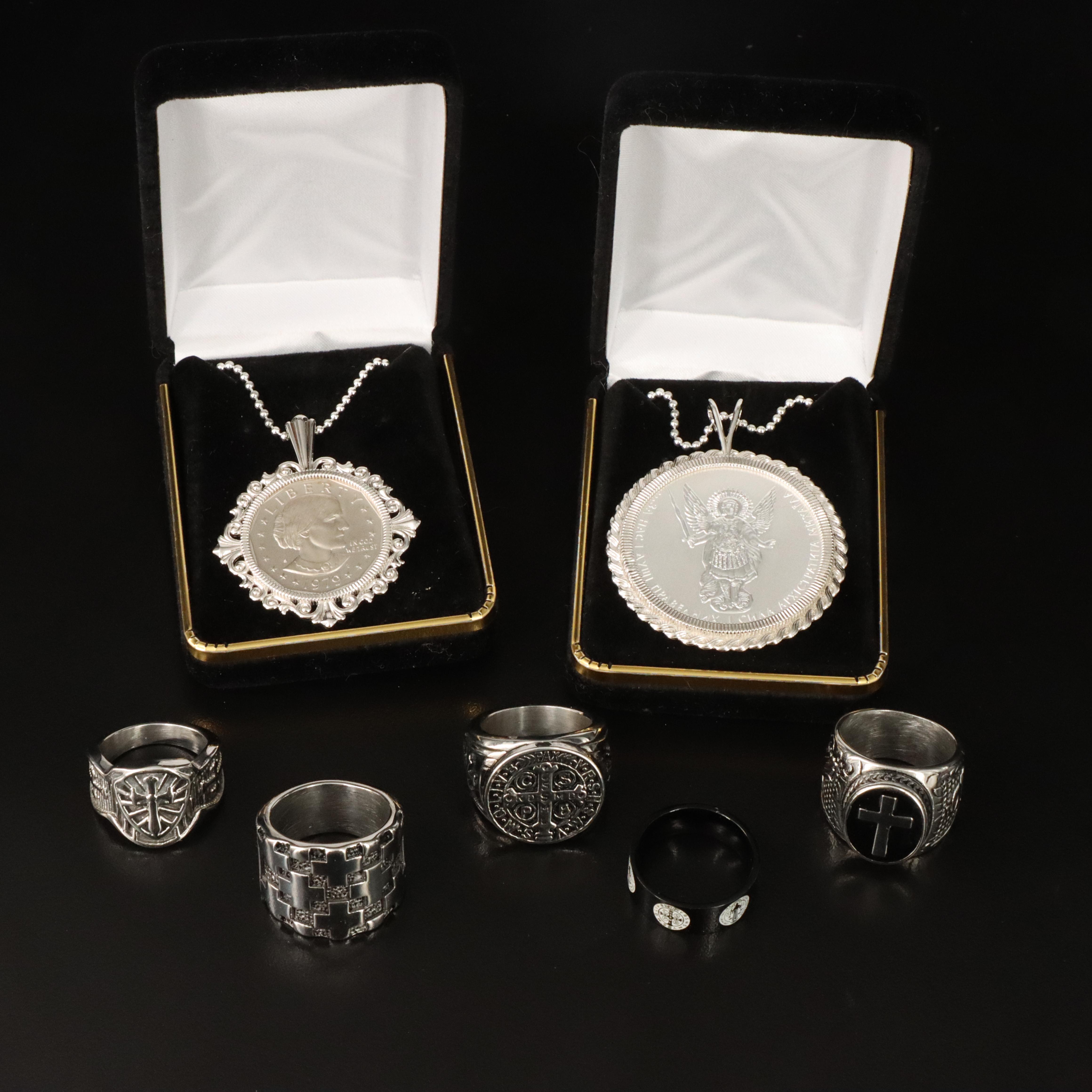 Ring and Necklaces with Susan B Anthony $1 and Ukrainian 1-Hryvnia Coins