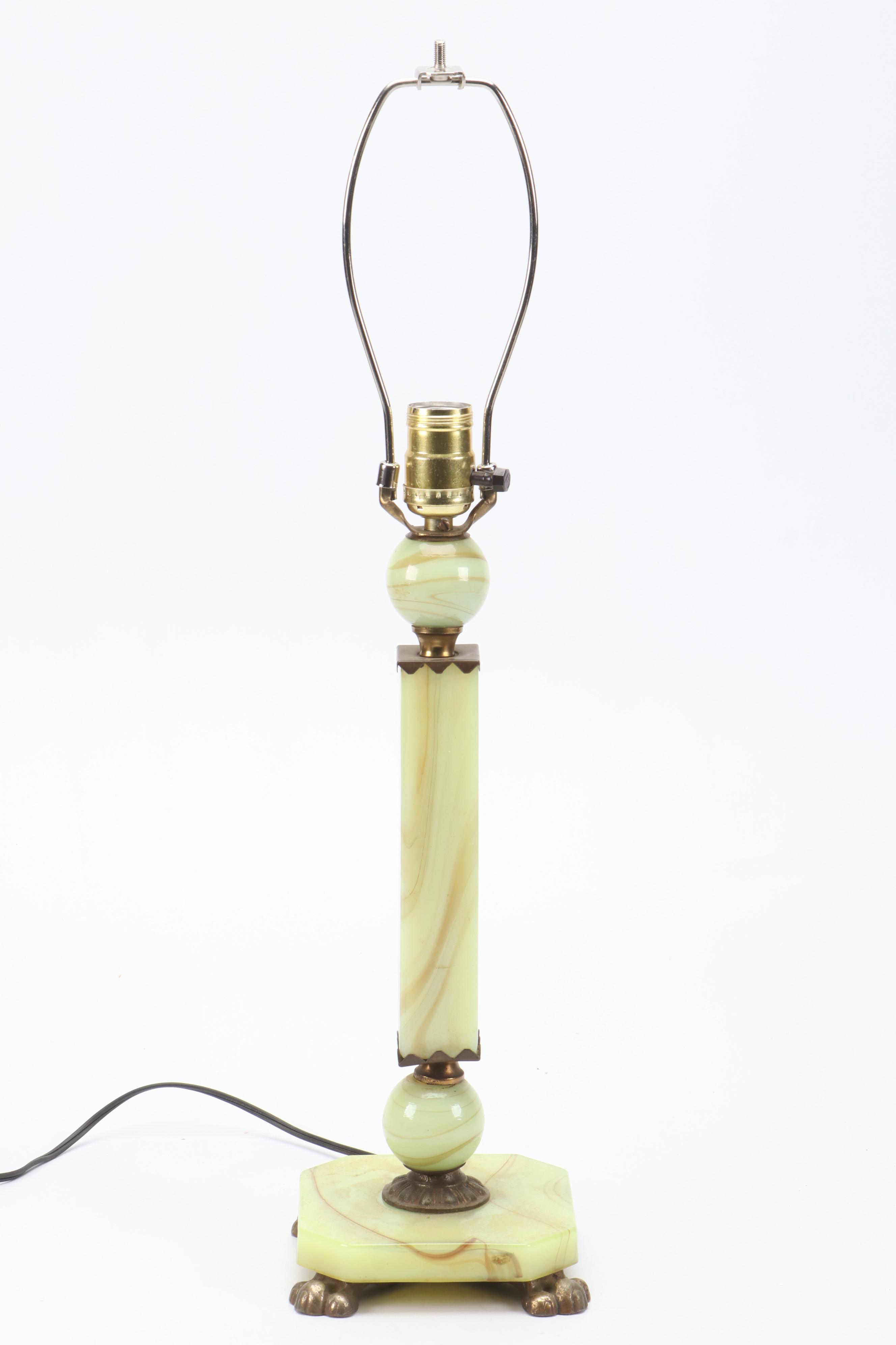 Uranium Glass Table Lamp with Fabric Shade, Early to Mid-20th Century