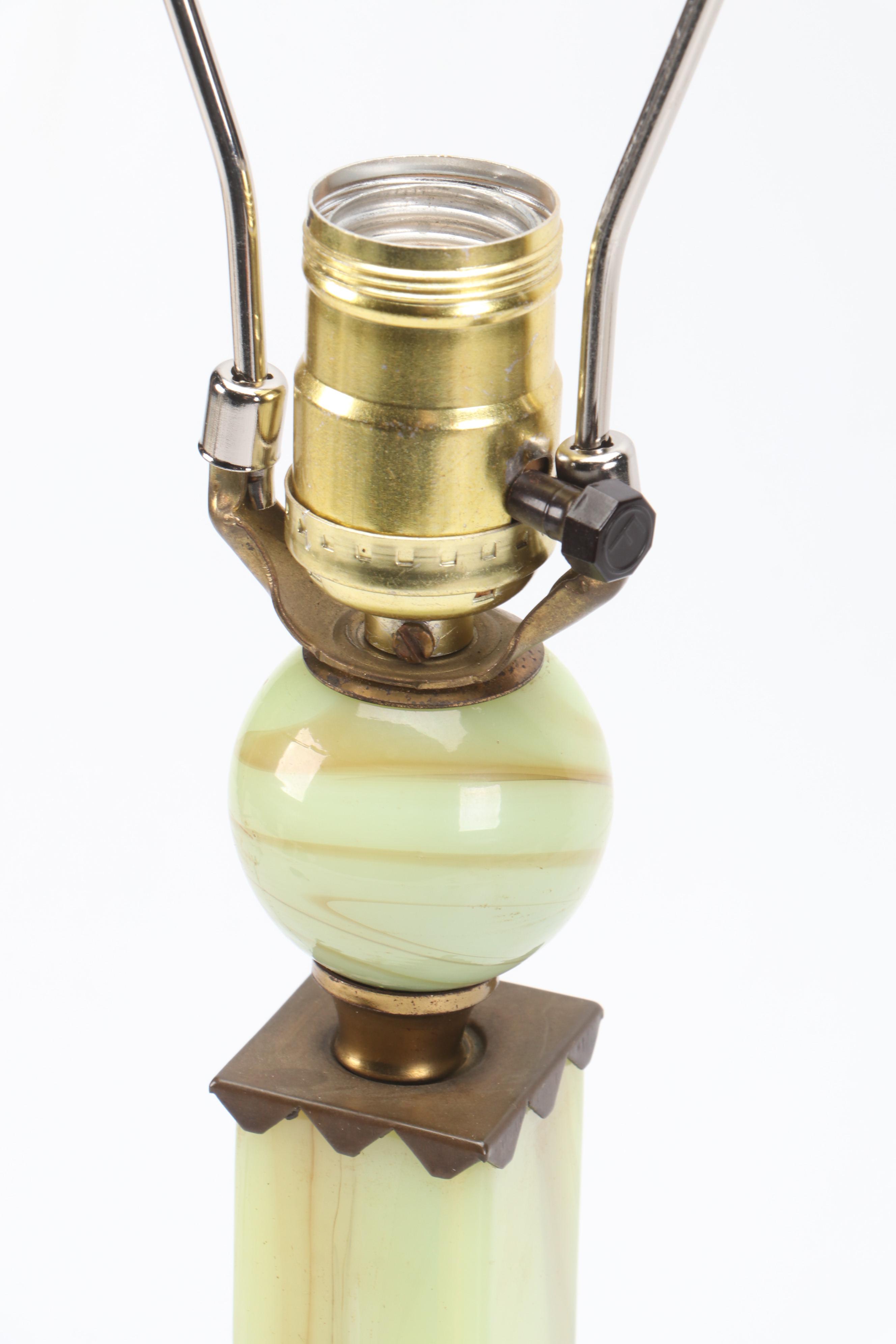 Uranium Glass Table Lamp with Fabric Shade, Early to Mid-20th Century