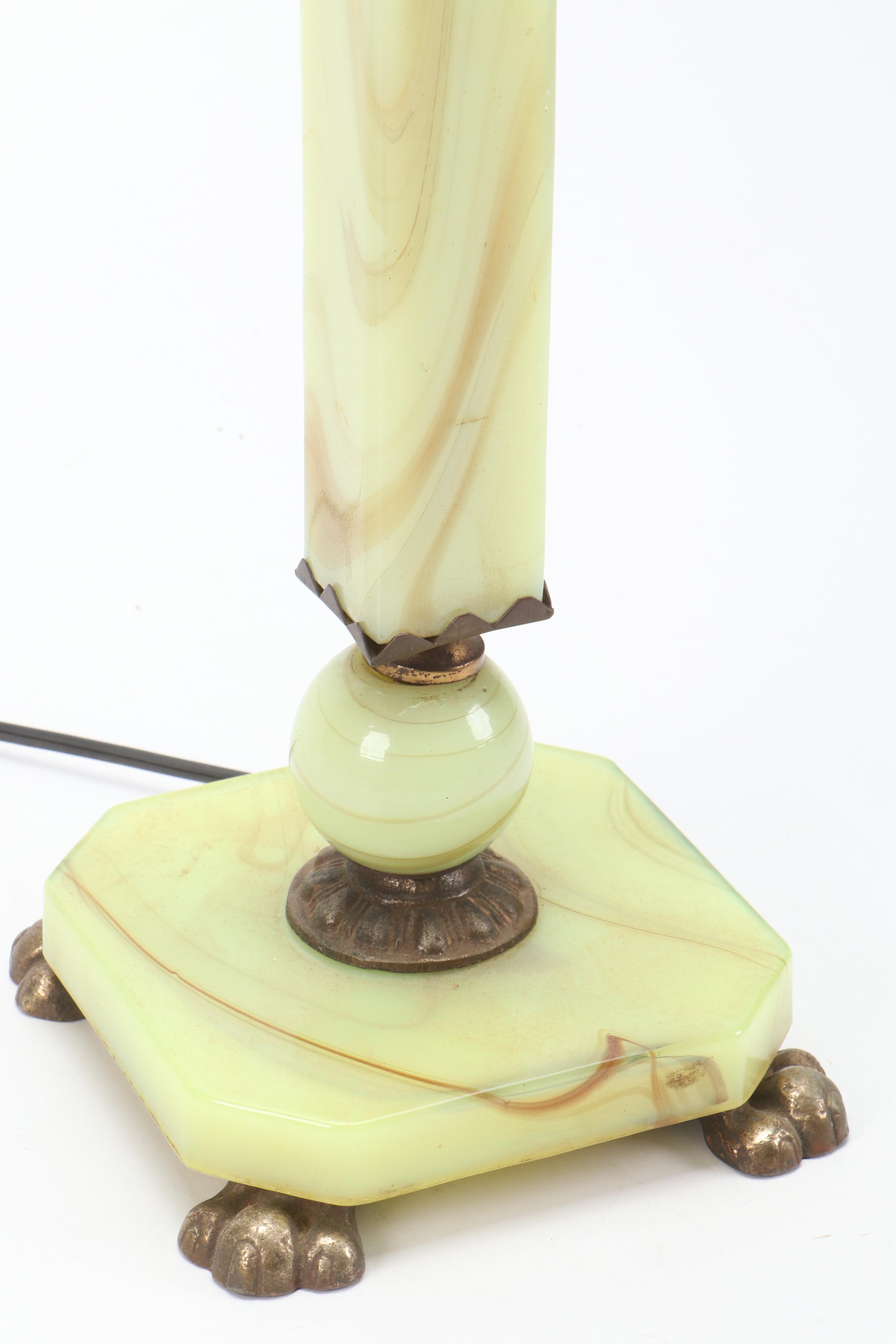Uranium Glass Table Lamp with Fabric Shade, Early to Mid-20th Century