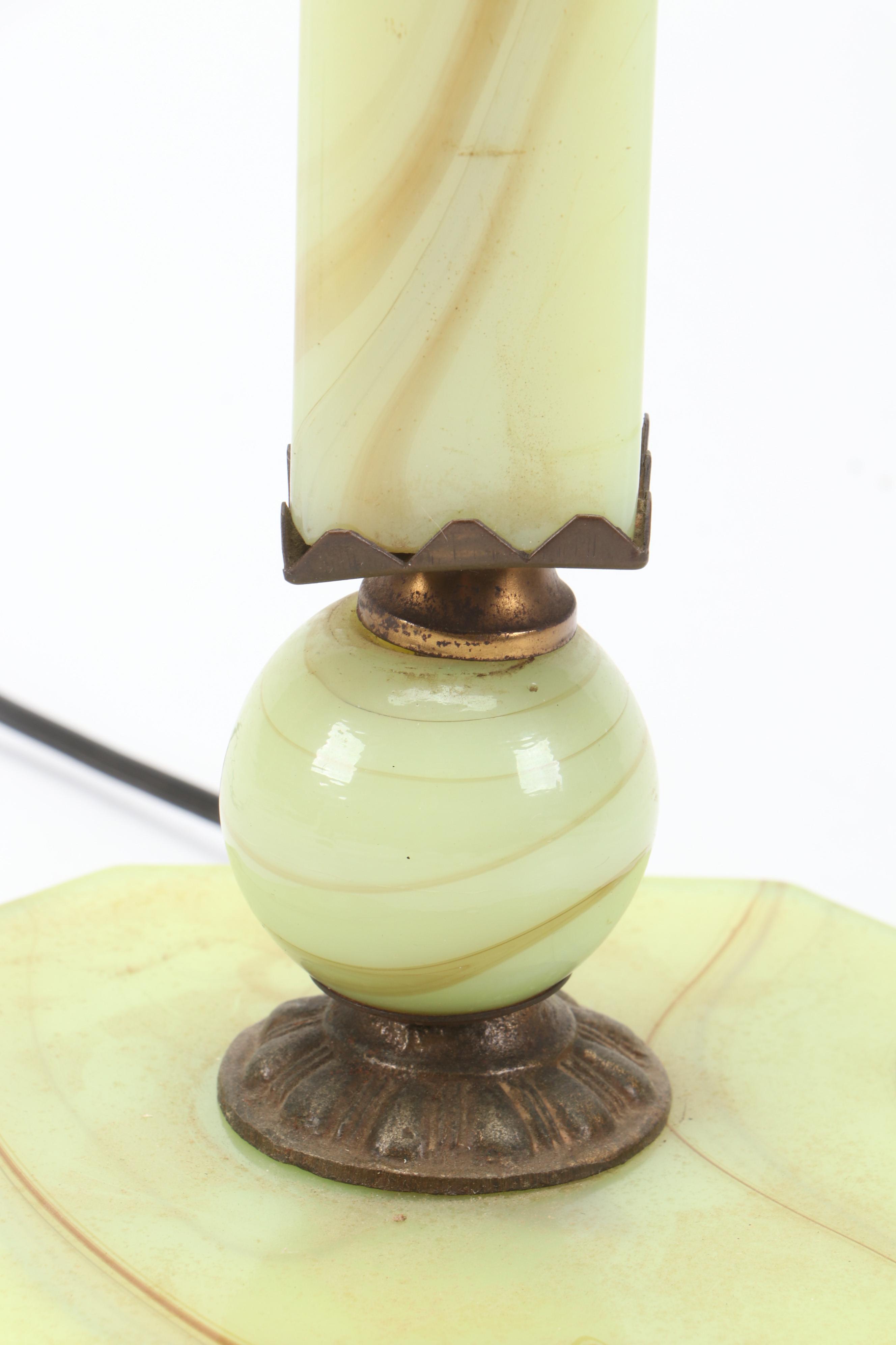 Uranium Glass Table Lamp with Fabric Shade, Early to Mid-20th Century