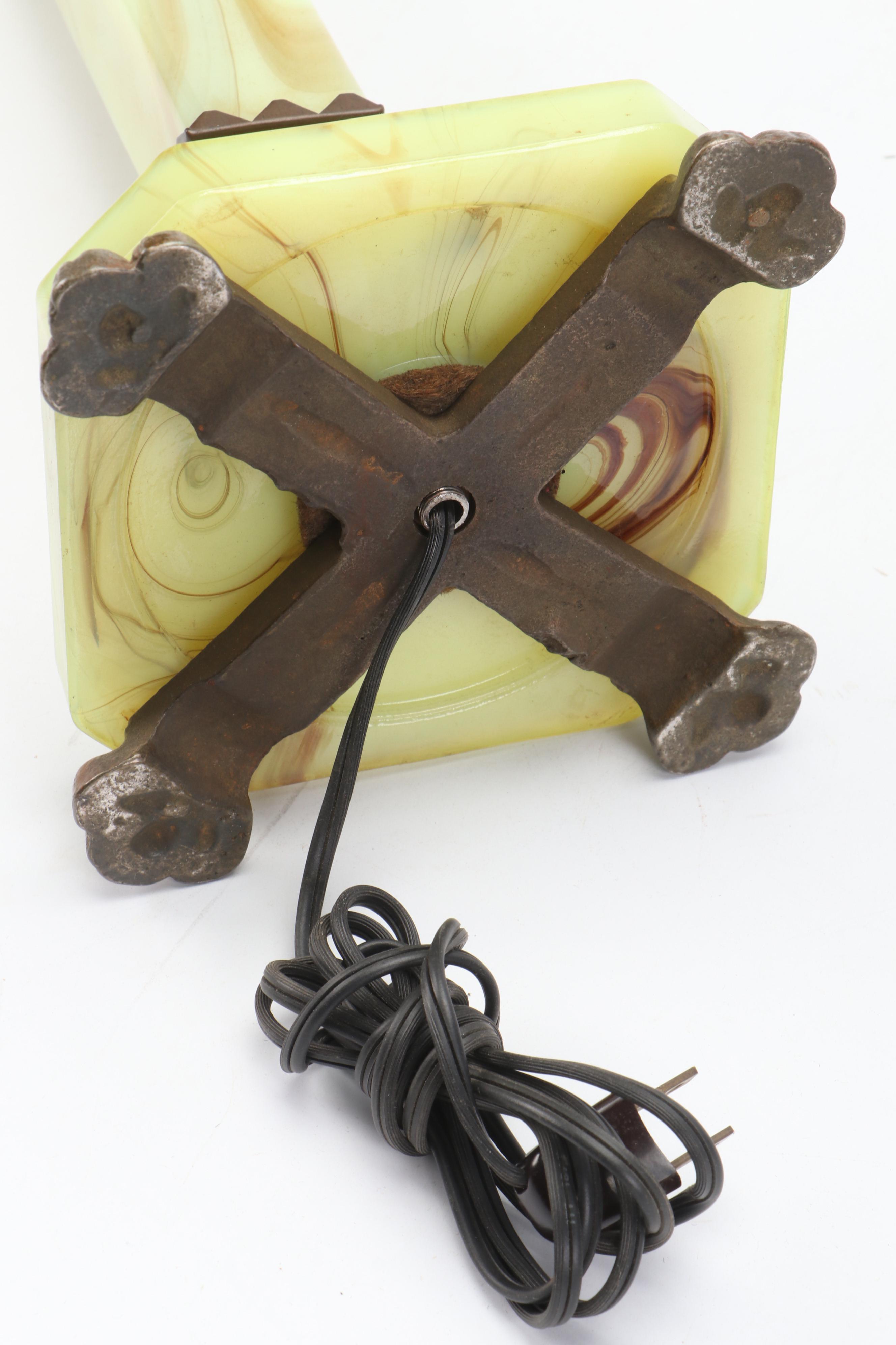 Uranium Glass Table Lamp with Fabric Shade, Early to Mid-20th Century