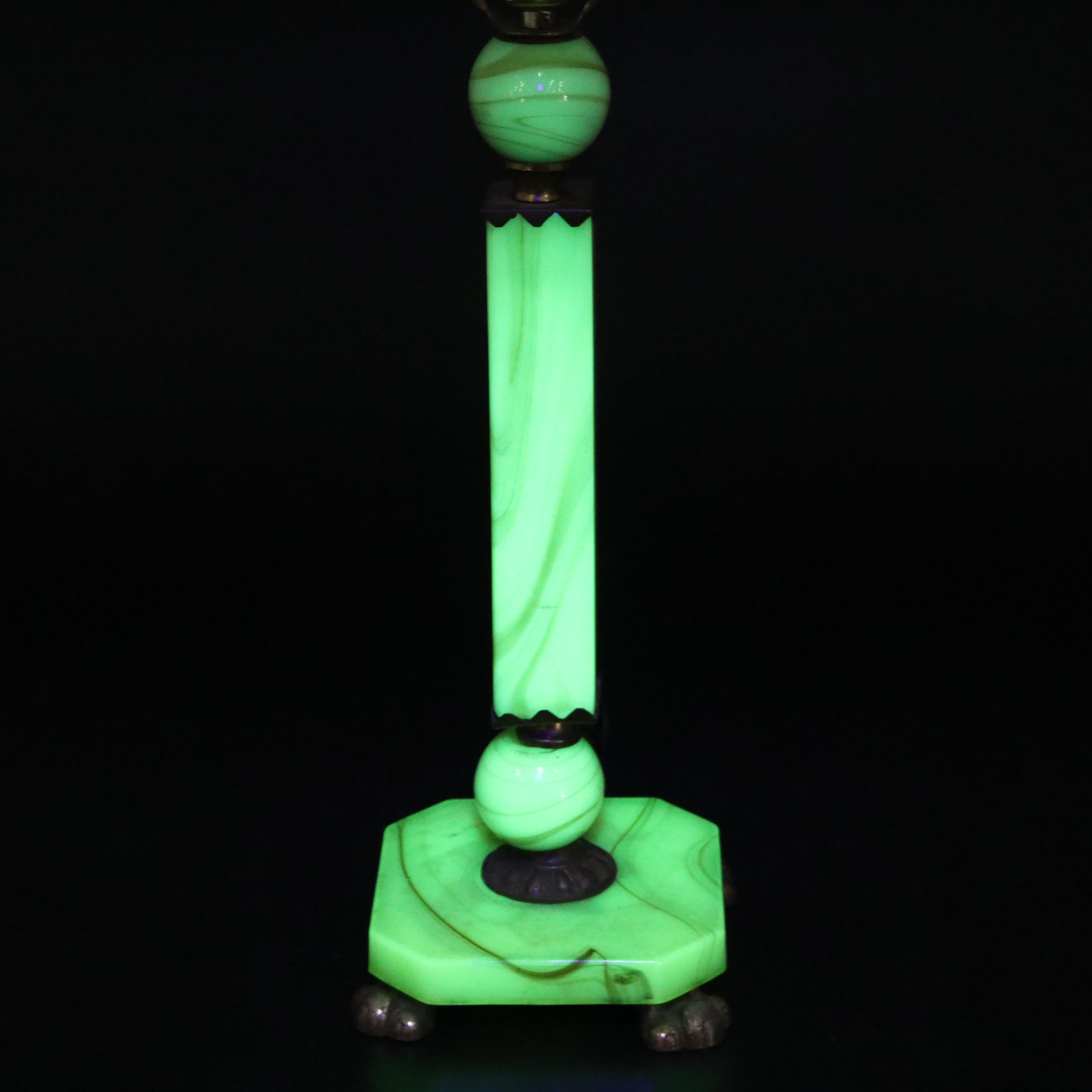 Uranium Glass Table Lamp with Fabric Shade, Early to Mid-20th Century