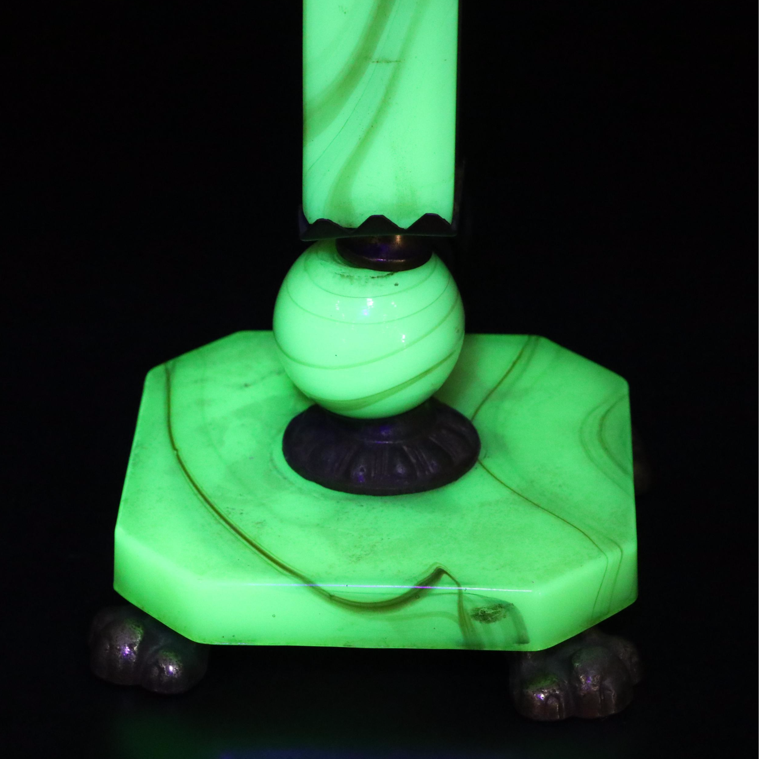 Uranium Glass Table Lamp with Fabric Shade, Early to Mid-20th Century