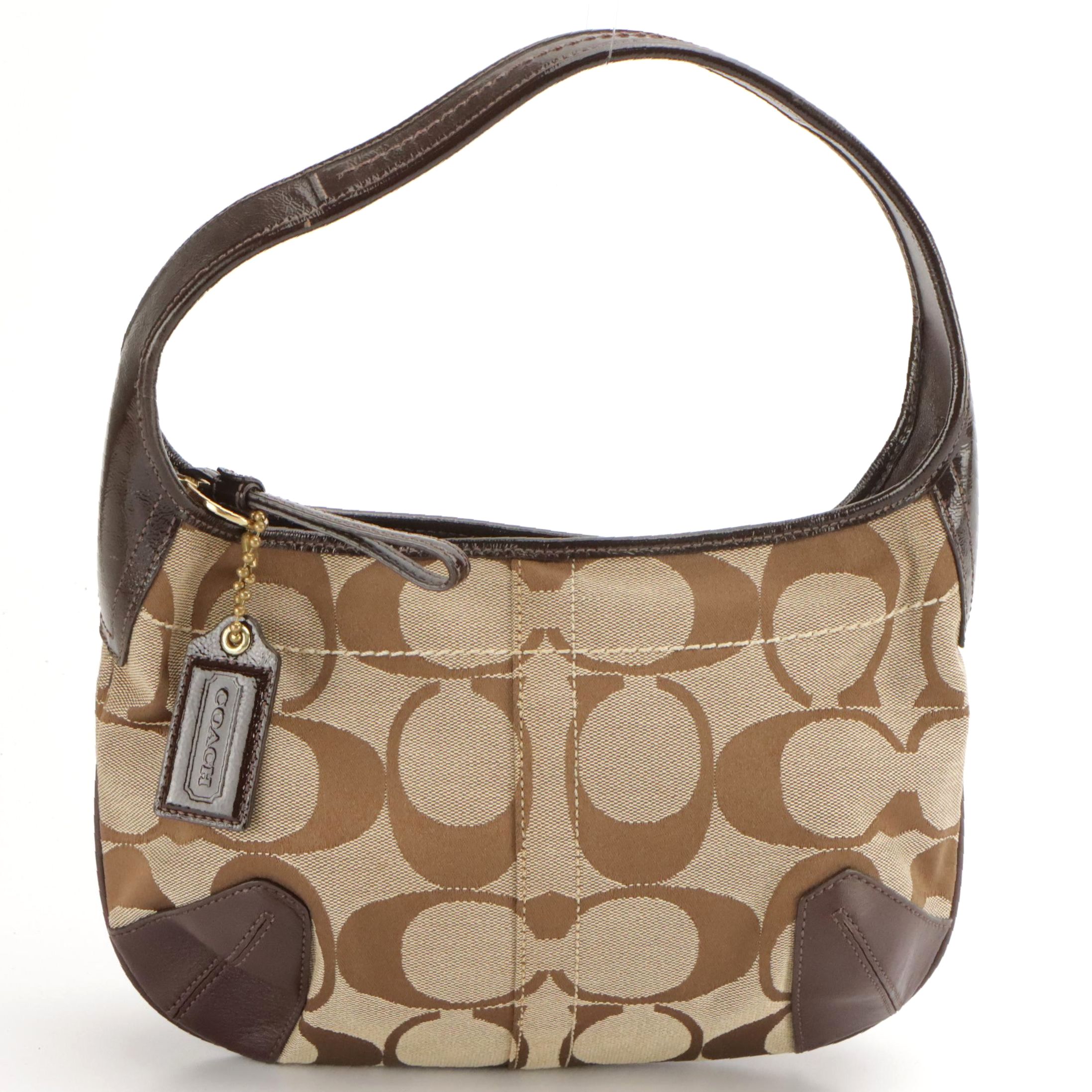 Coach CC Signature Jacquard Canvas and Leather Zip Top Hobo Bag