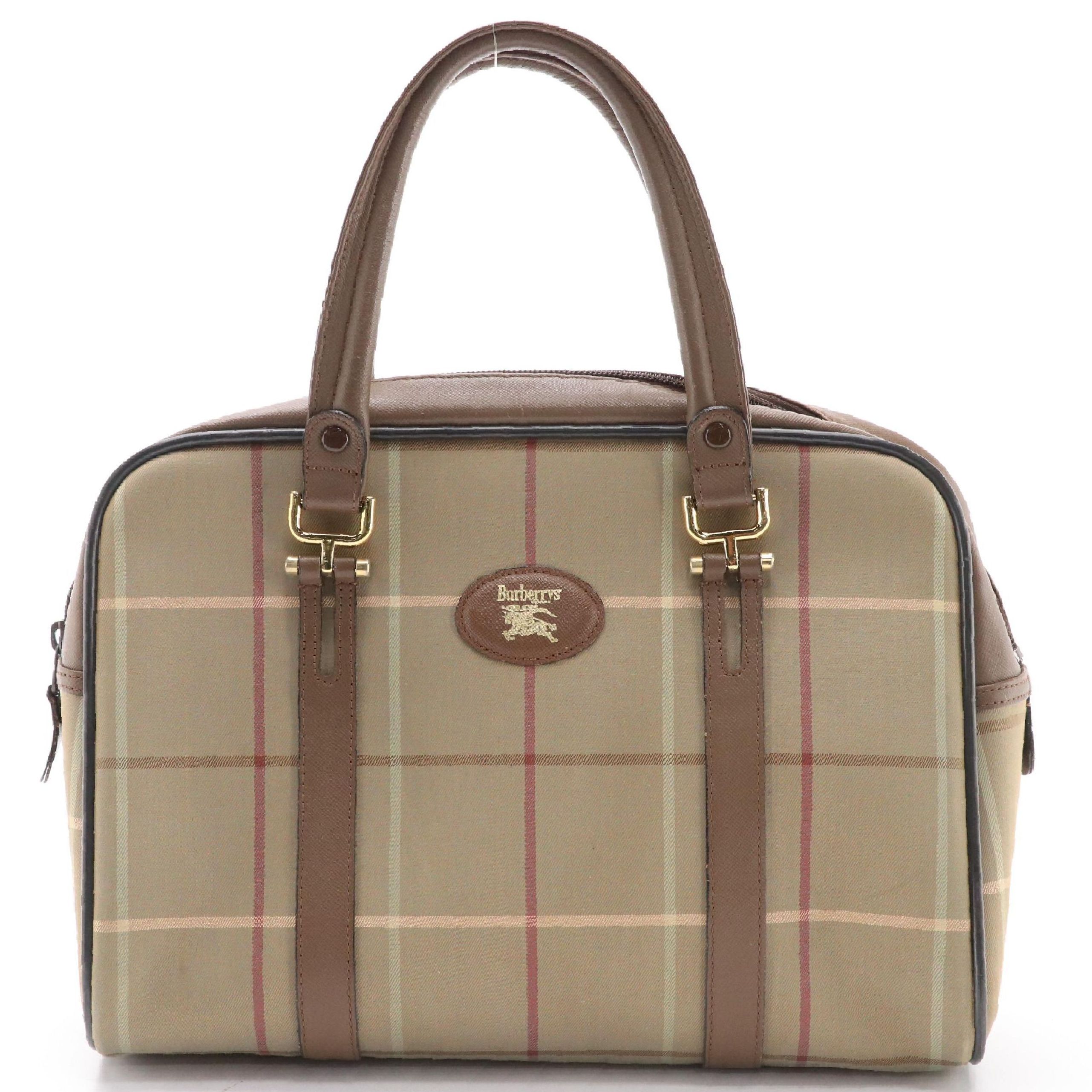 Burberrys Boston Duffle Bag in Windowpane Check Canvas and Leather