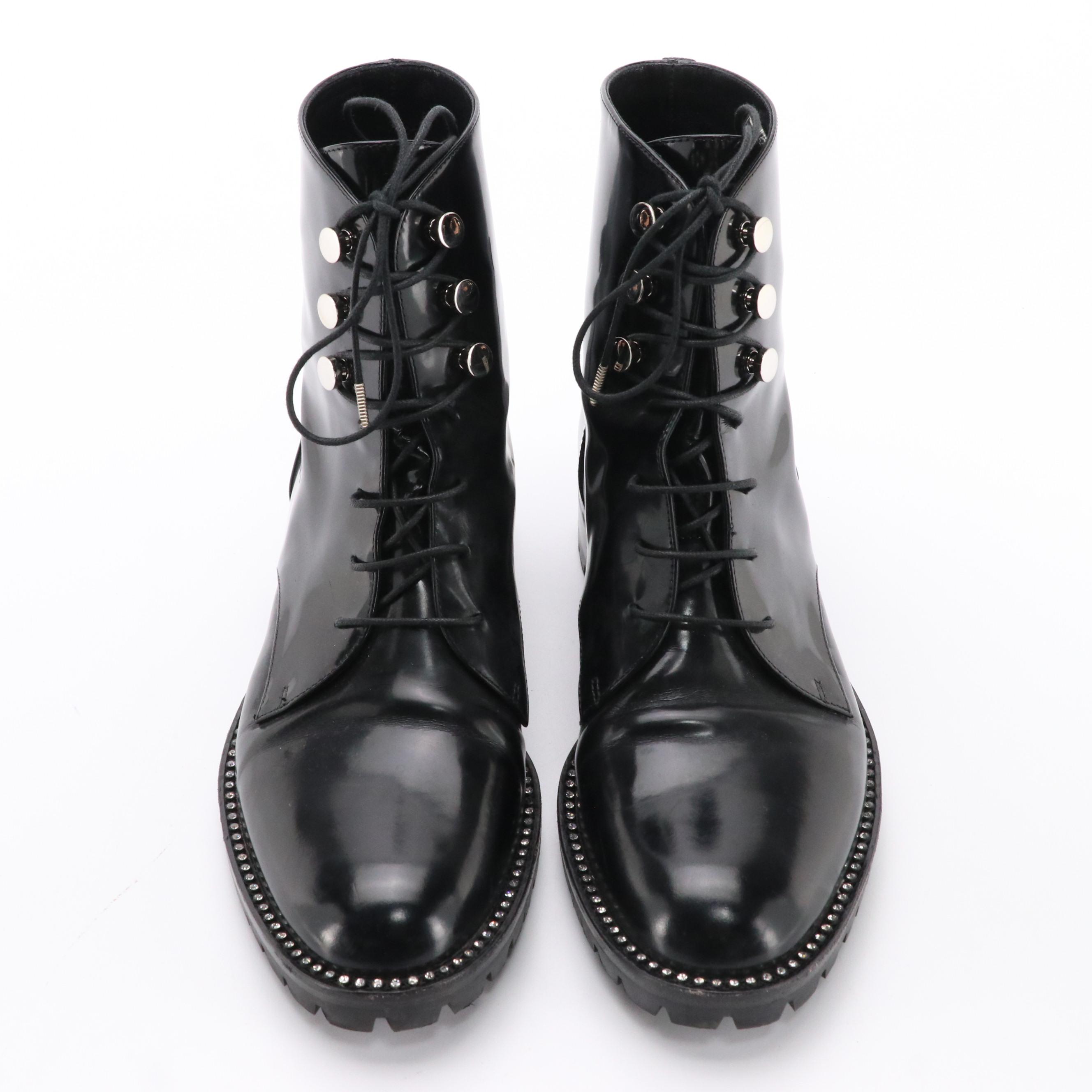 Christian Dior Rebelle Combat Boots in Rhinestone Accented Black Patent Leather
