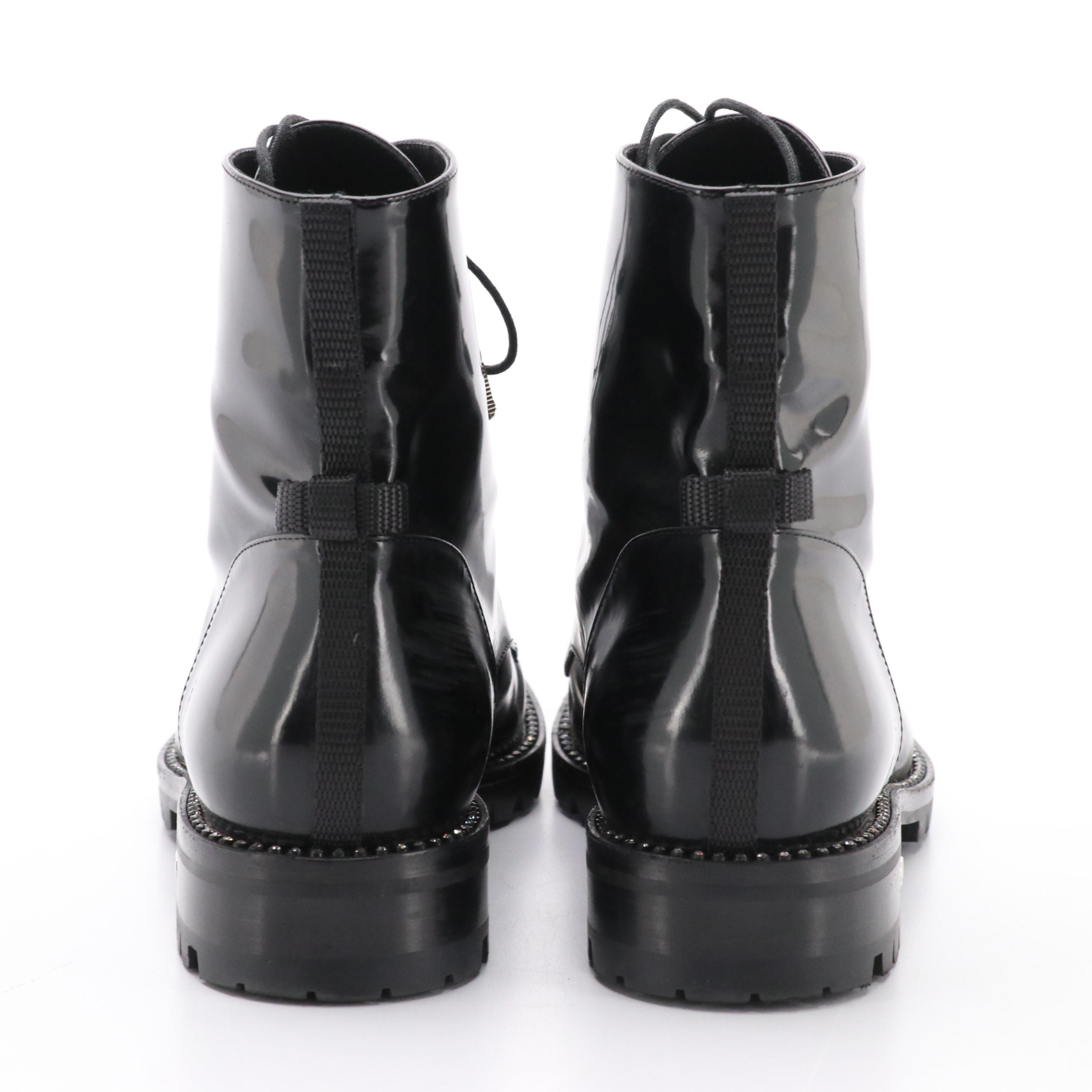 Christian Dior Rebelle Combat Boots in Rhinestone Accented Black Patent Leather