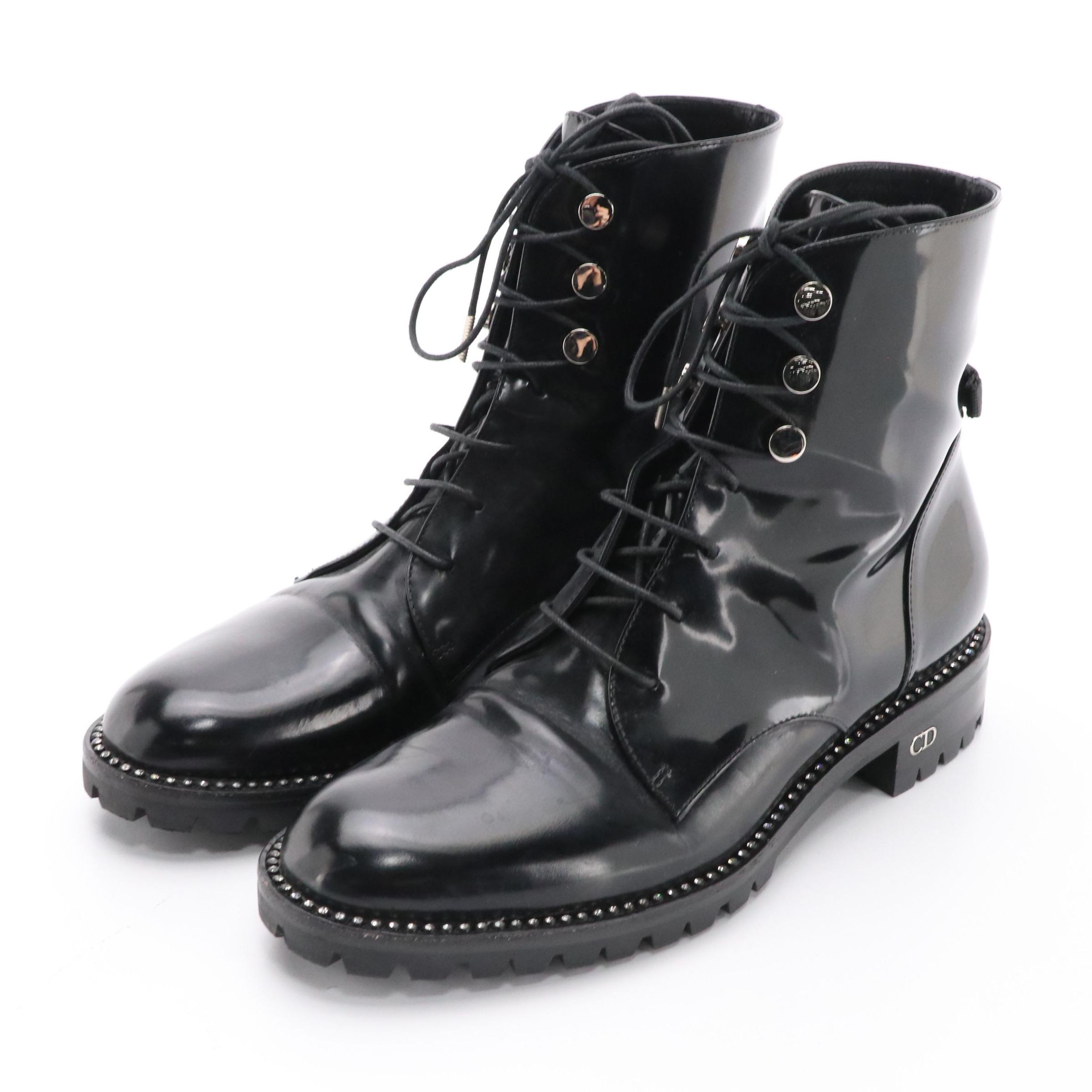 Christian Dior Rebelle Combat Boots in Rhinestone Accented Black Patent Leather