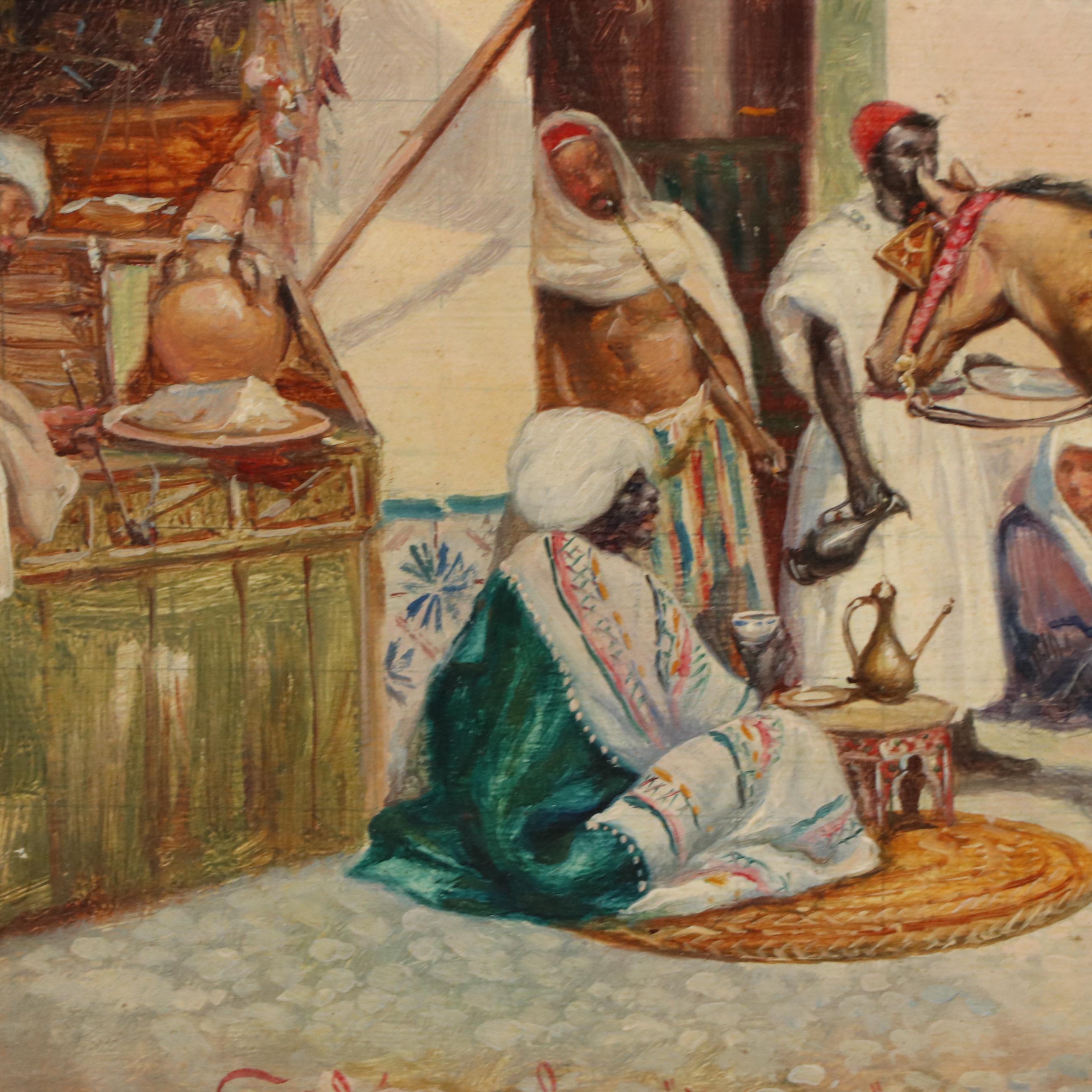 Emile Marin Orientalist Oil Painting of Open Market Scene