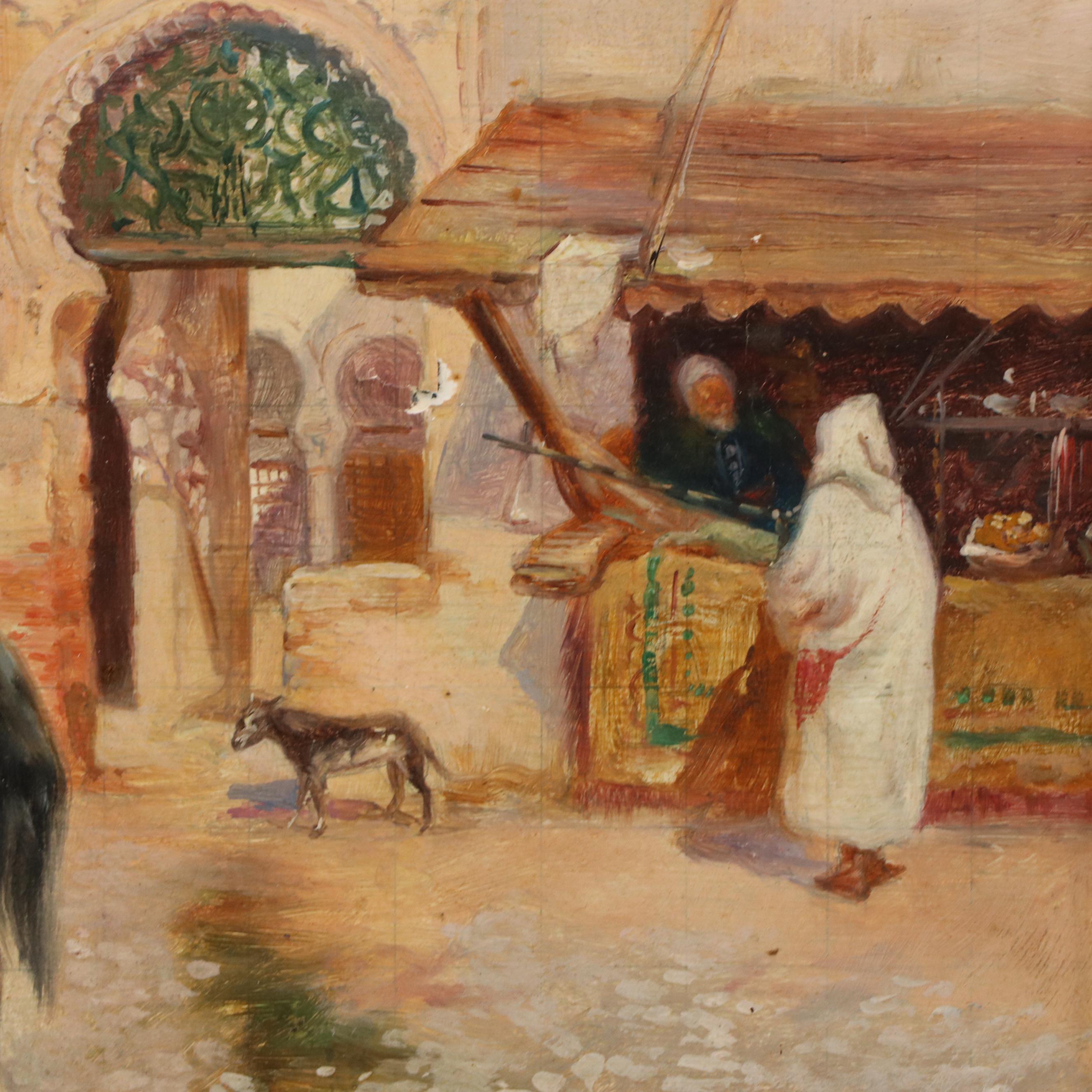 Emile Marin Orientalist Oil Painting of Open Market Scene