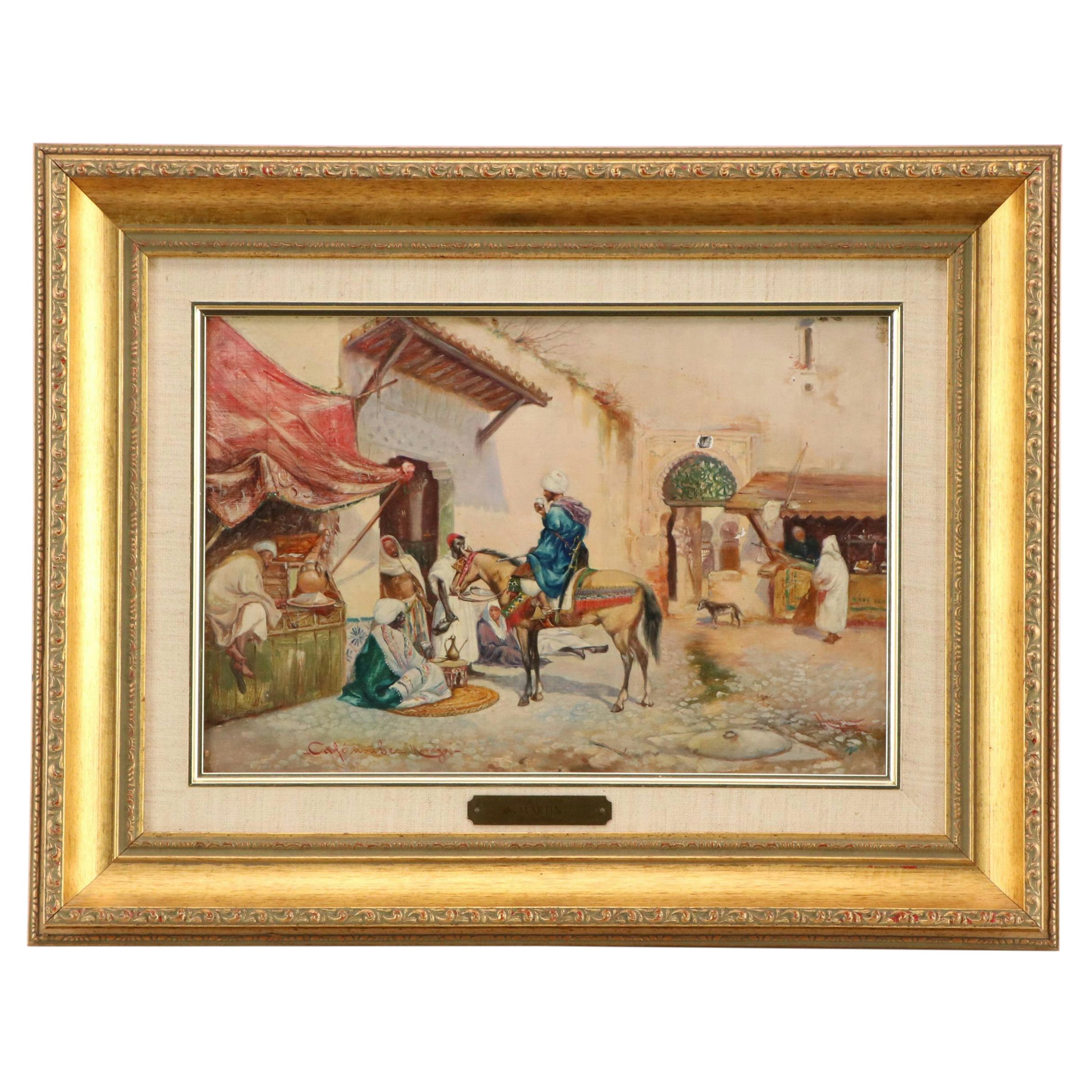 Emile Marin Orientalist Oil Painting of Open Market Scene