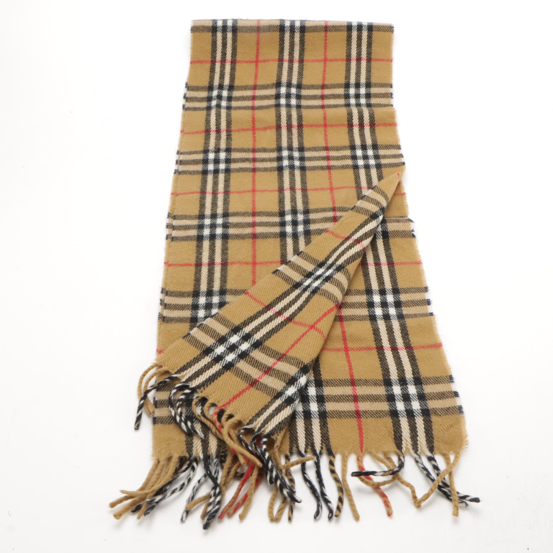 Burberrys Tan Check Lambswool Fringe Scarf