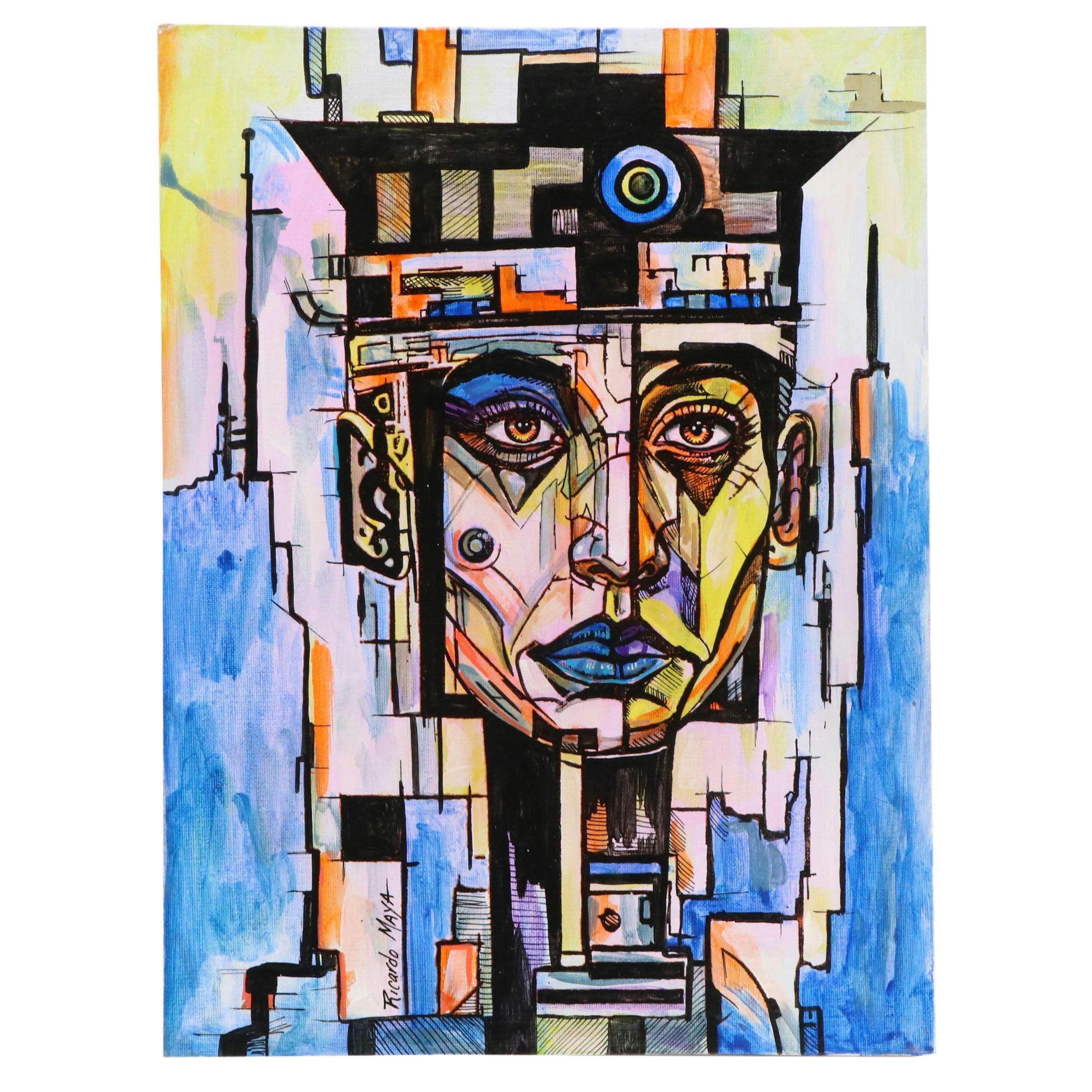 Ricardo Maya Stylized Acrylic Portrait, 21st Century