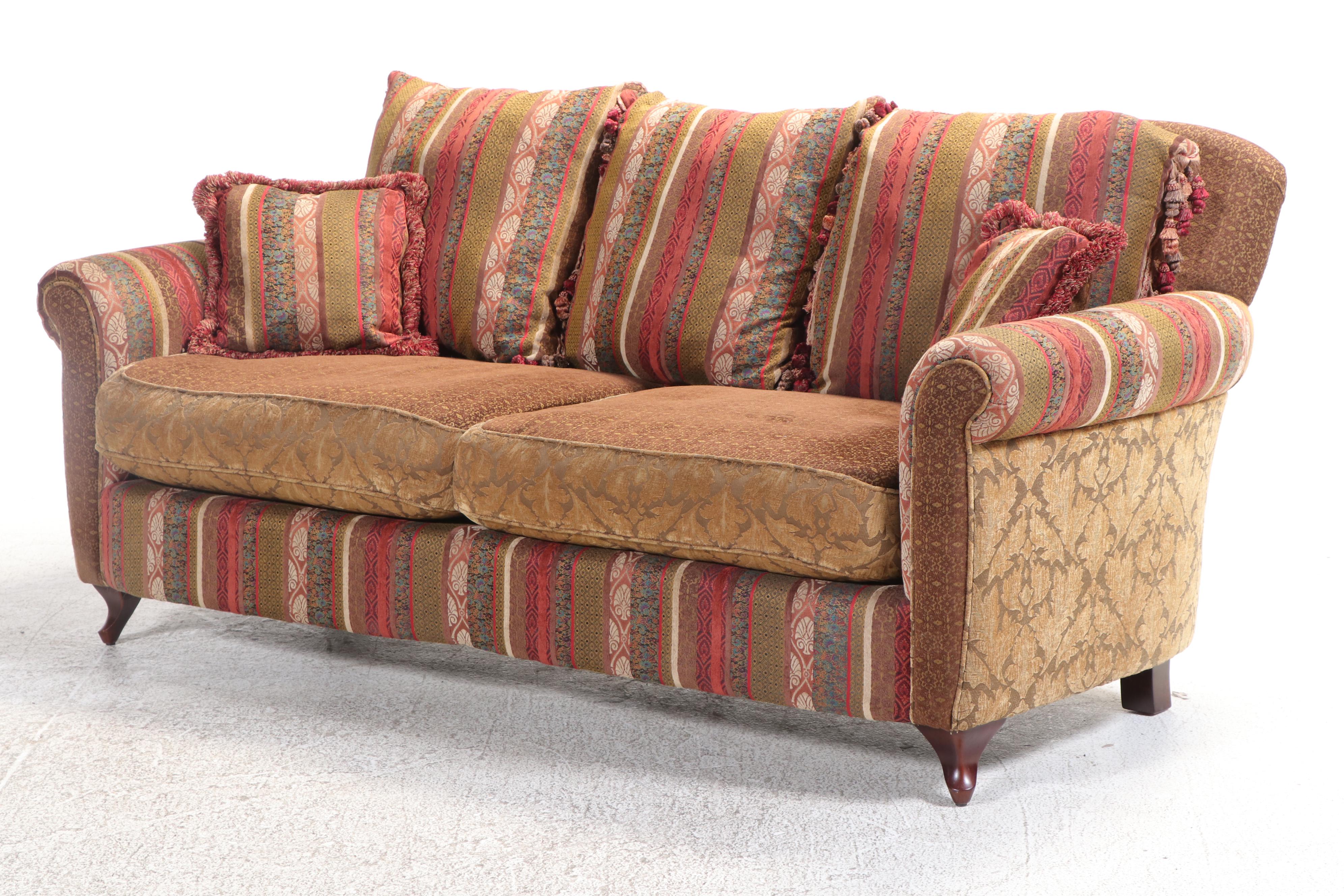 Boho Style Custom-Upholstered Two-Seat Sofa with Cocktail Ottoman