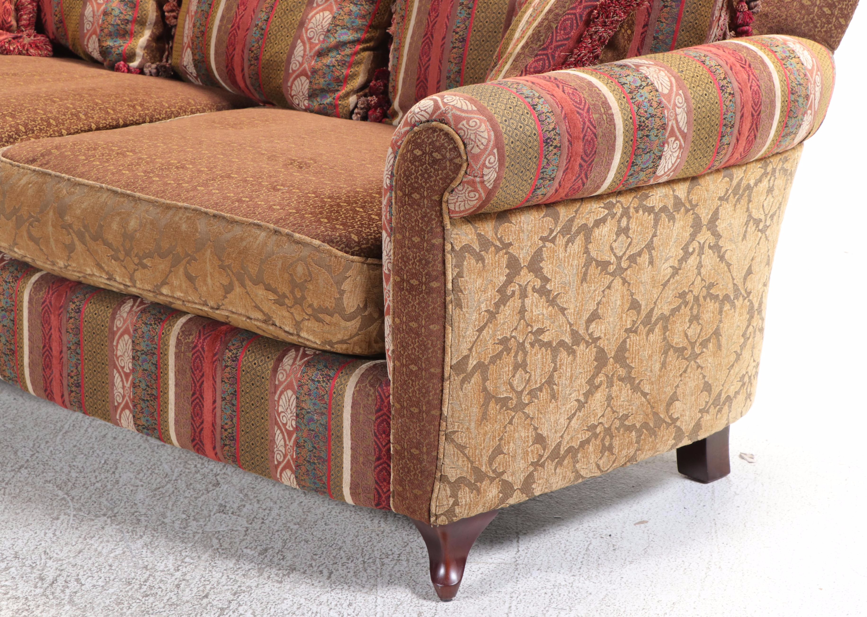Boho Style Custom-Upholstered Two-Seat Sofa with Cocktail Ottoman