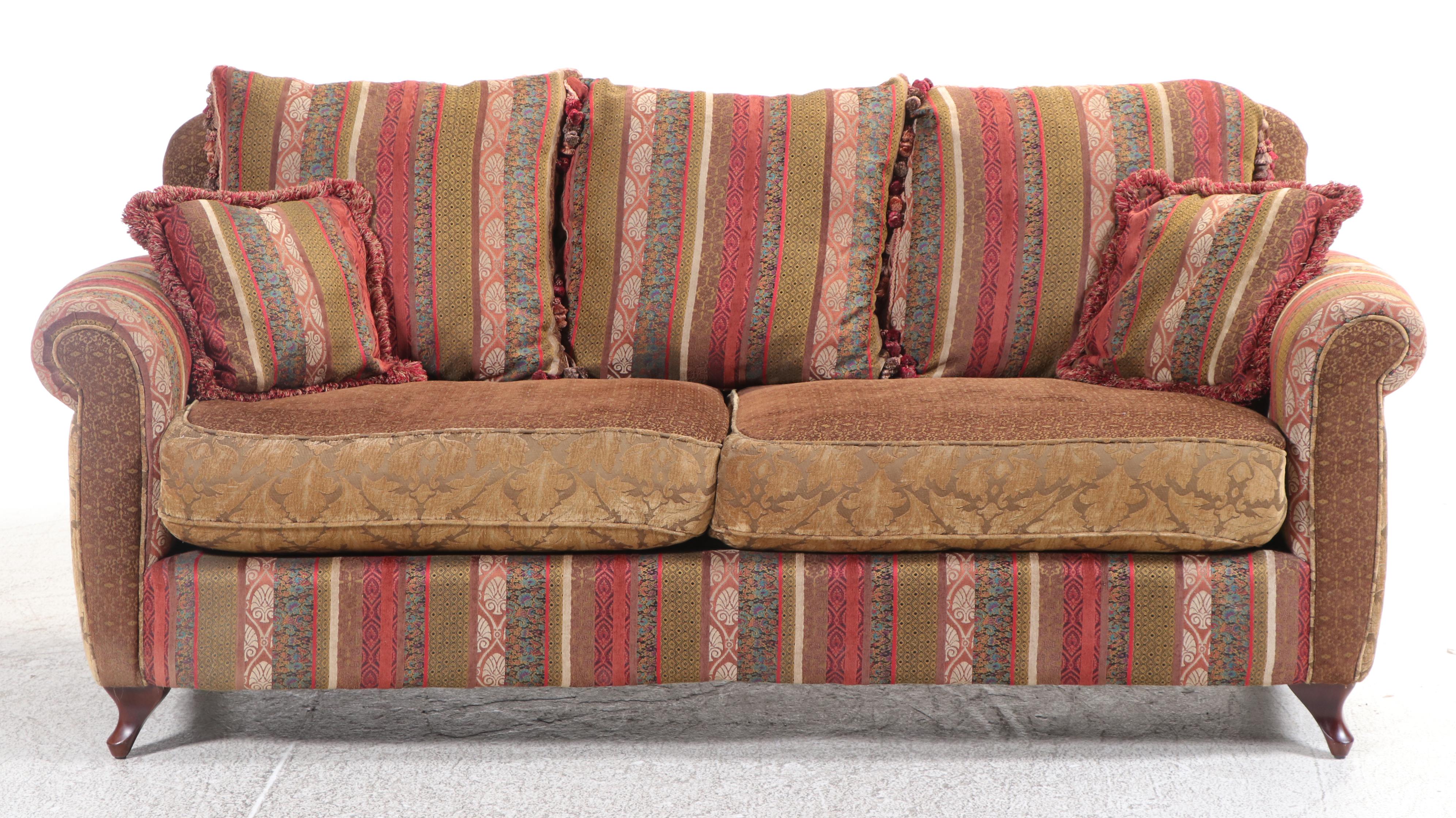 Boho Style Custom-Upholstered Two-Seat Sofa with Cocktail Ottoman
