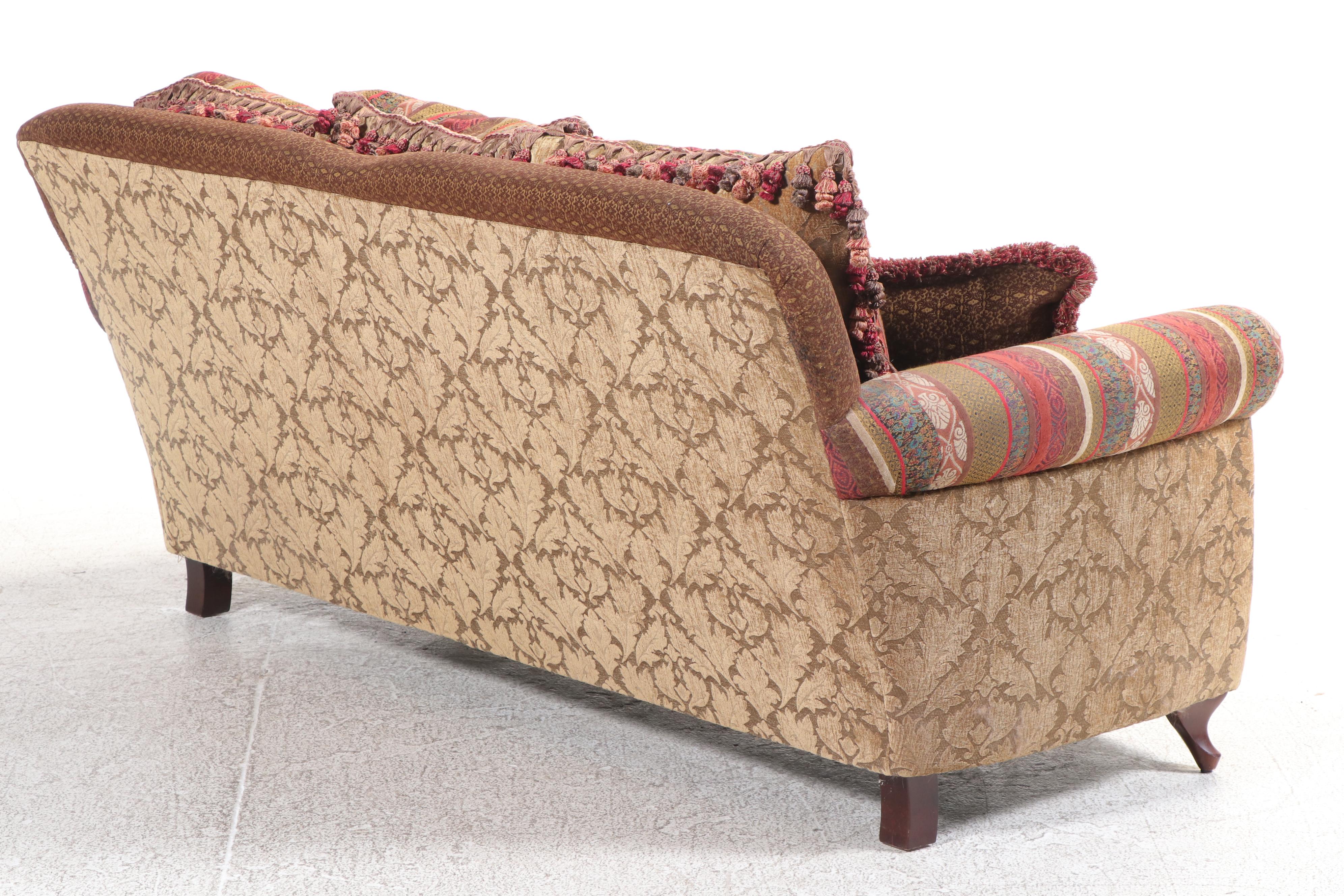 Boho Style Custom-Upholstered Two-Seat Sofa with Cocktail Ottoman