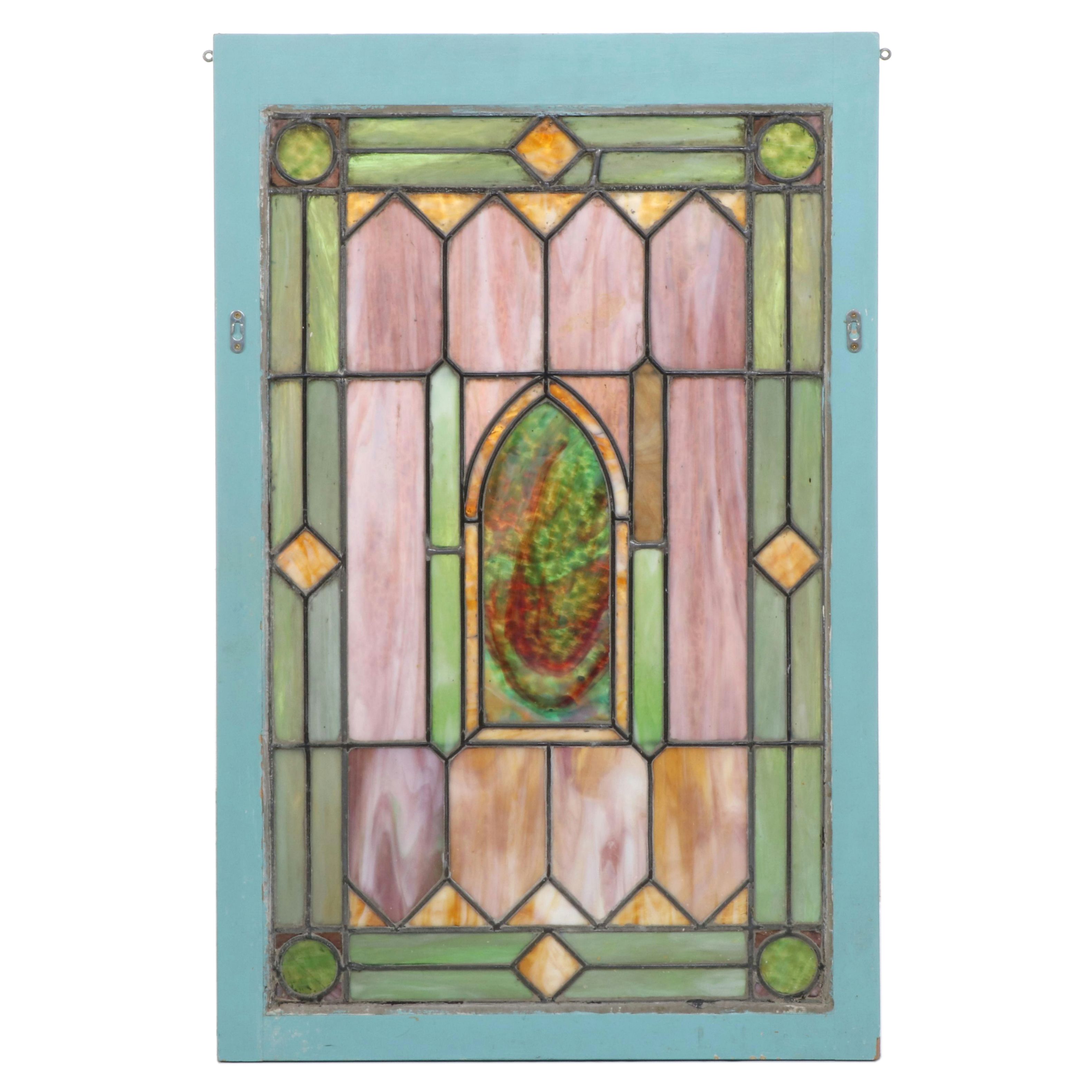 Arts & Crafts Style Wooden Framed Slag and Stained Glass Window Panel