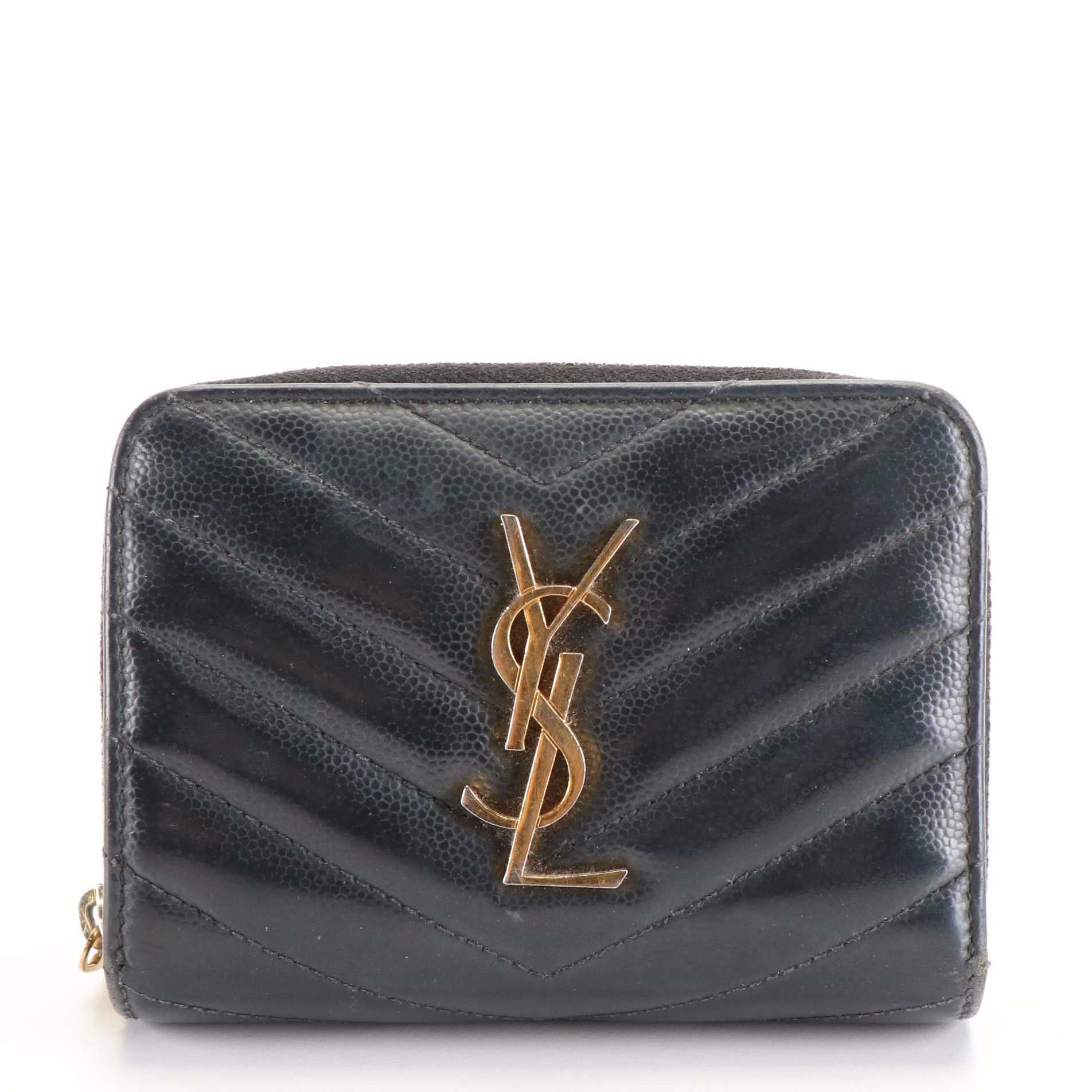 Saint Laurent Bifold Compact Wallet in Black Matelassé Chevron Leather