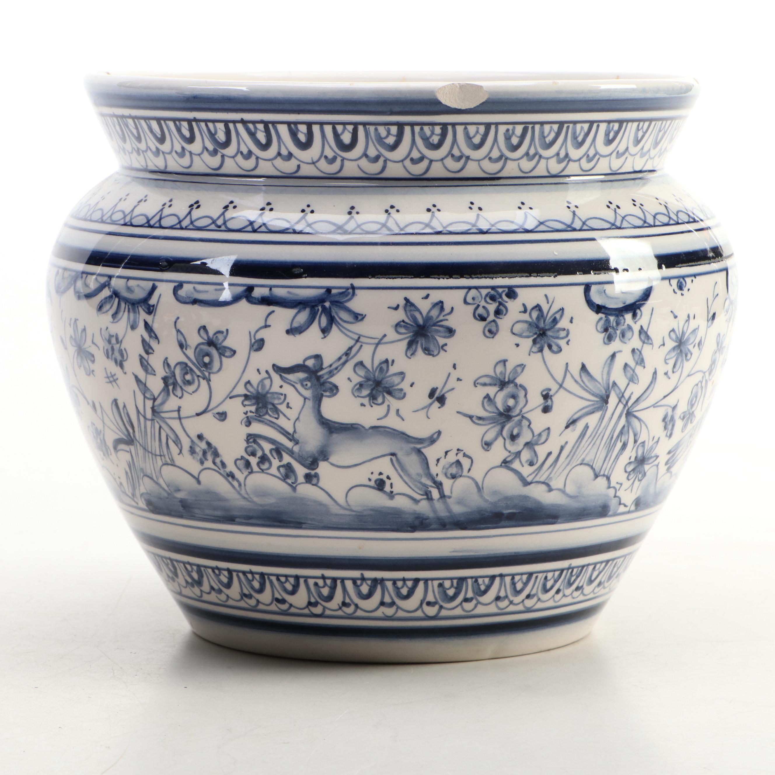 Chinese Blue and White Ginger Jar and Wood Stand with Portuguese Ceramic Planter