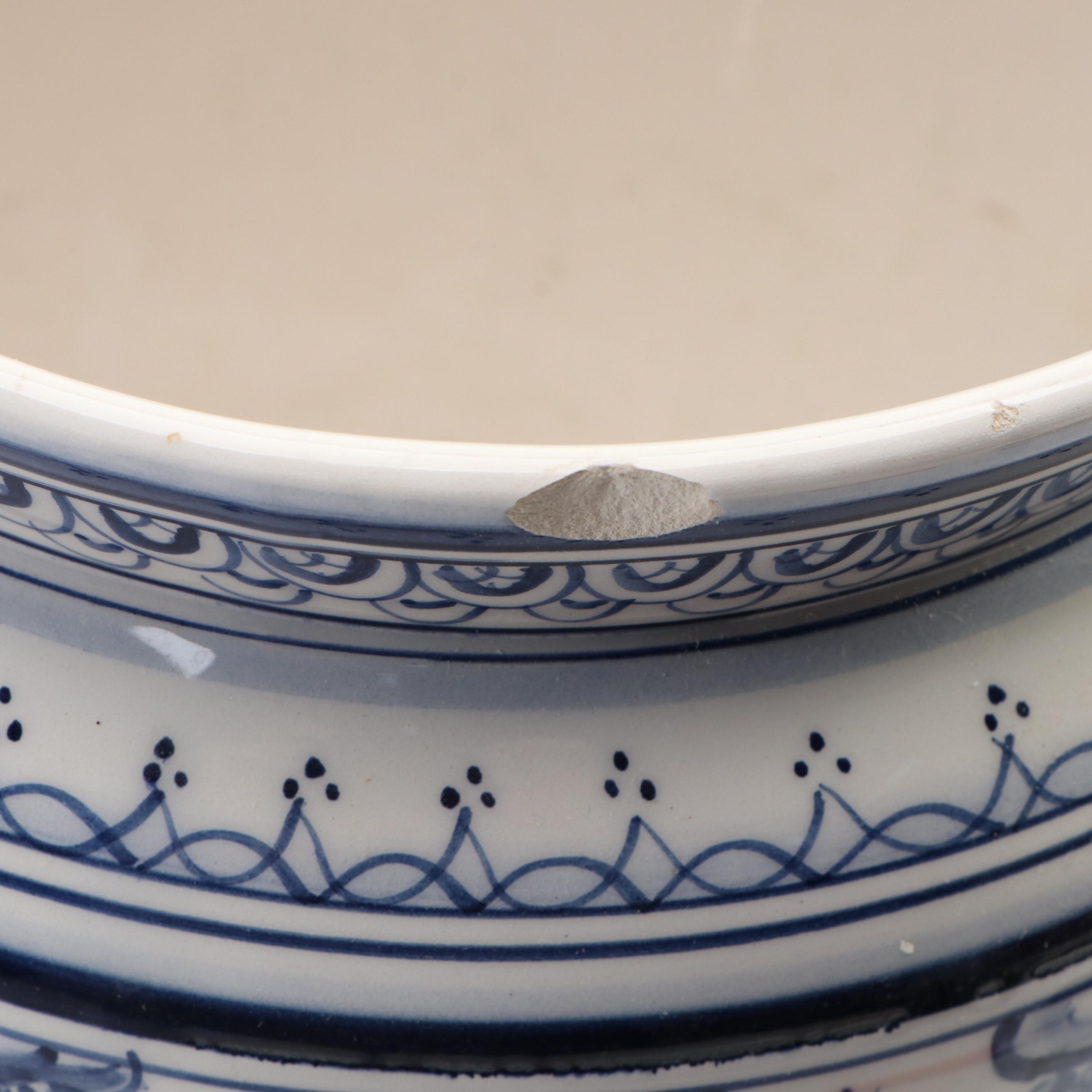 Chinese Blue and White Ginger Jar and Wood Stand with Portuguese Ceramic Planter