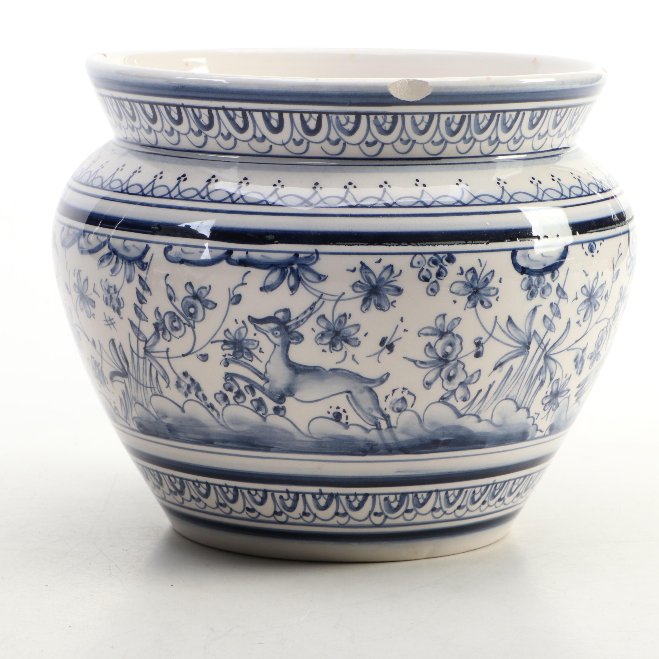 Chinese Blue and White Ginger Jar and Wood Stand with Portuguese Ceramic Planter