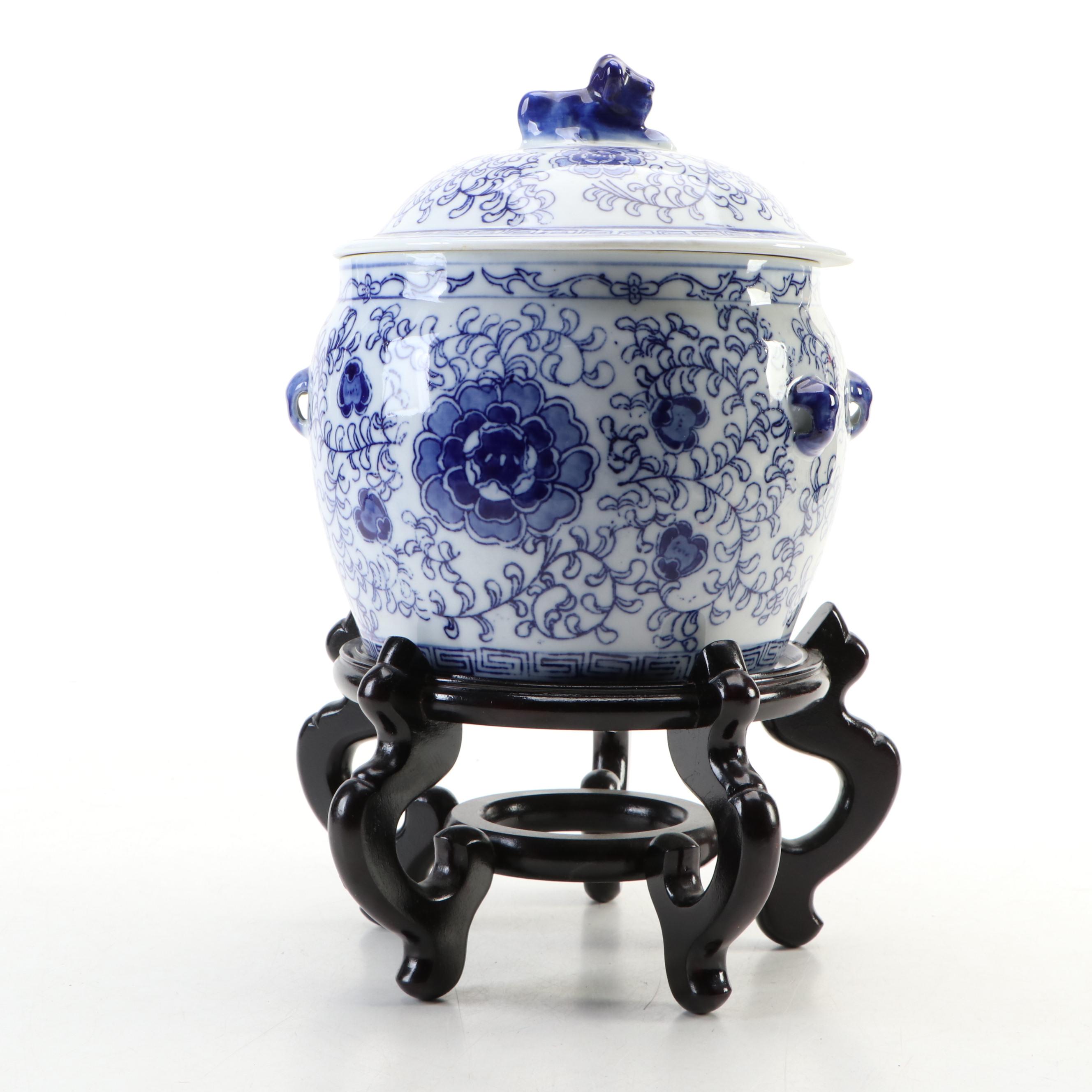 Chinese Blue and White Ginger Jar and Wood Stand with Portuguese Ceramic Planter