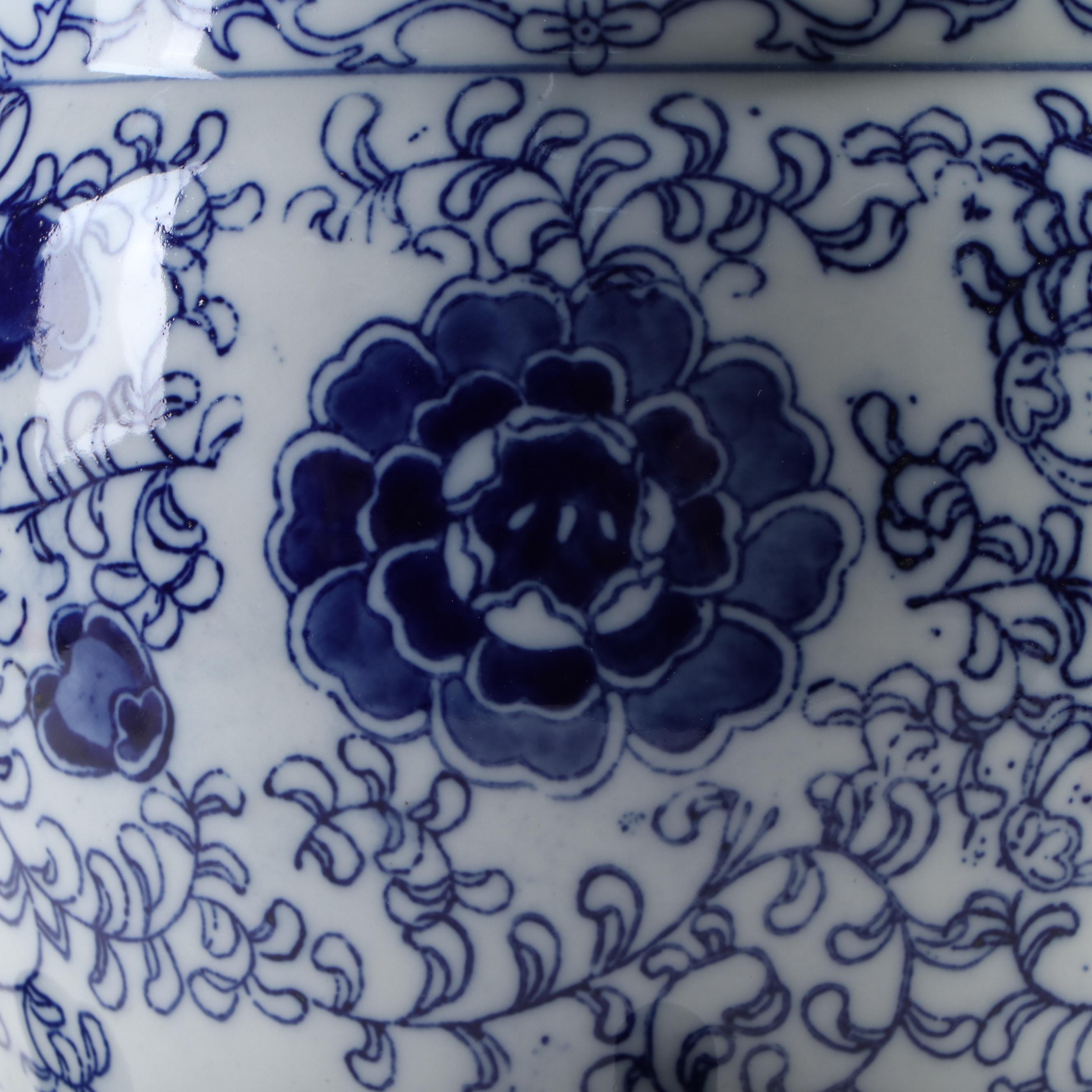 Chinese Blue and White Ginger Jar and Wood Stand with Portuguese Ceramic Planter