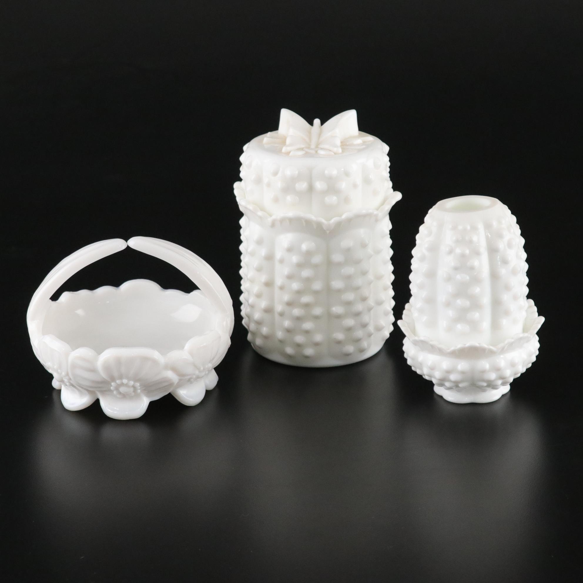 Westmoreland Milk Glass Pansy Basket and Fenton Fairy Lamp and Dresser Jar