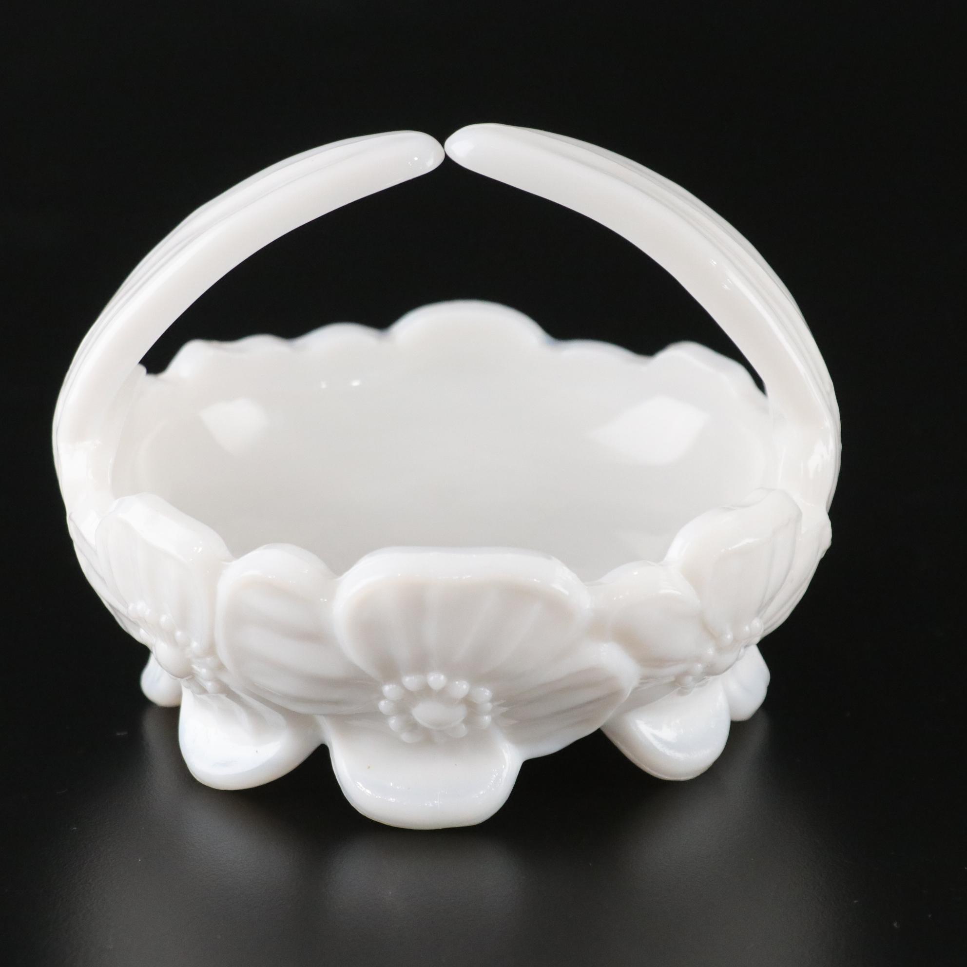 Westmoreland Milk Glass Pansy Basket and Fenton Fairy Lamp and Dresser Jar