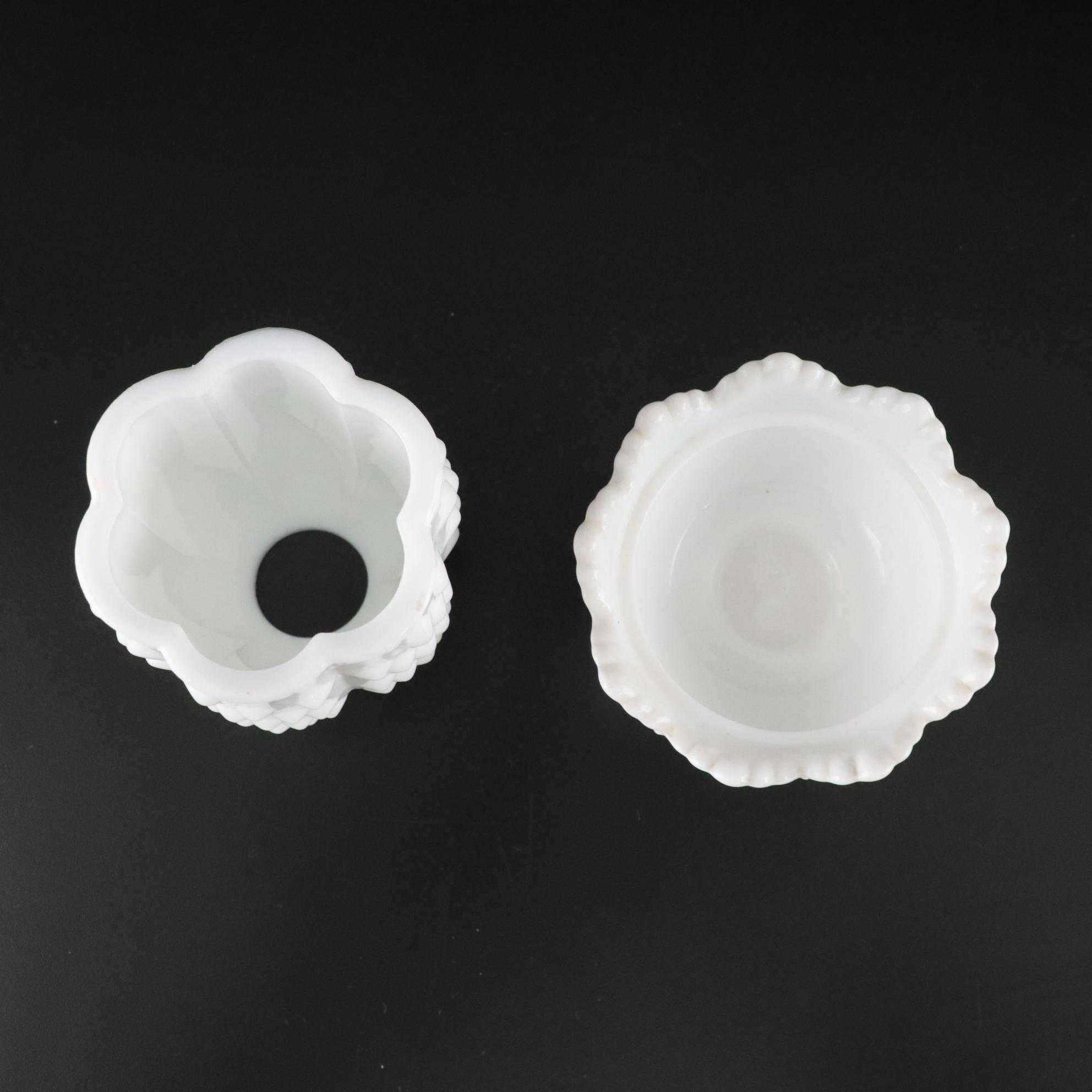 Westmoreland Milk Glass Pansy Basket and Fenton Fairy Lamp and Dresser Jar