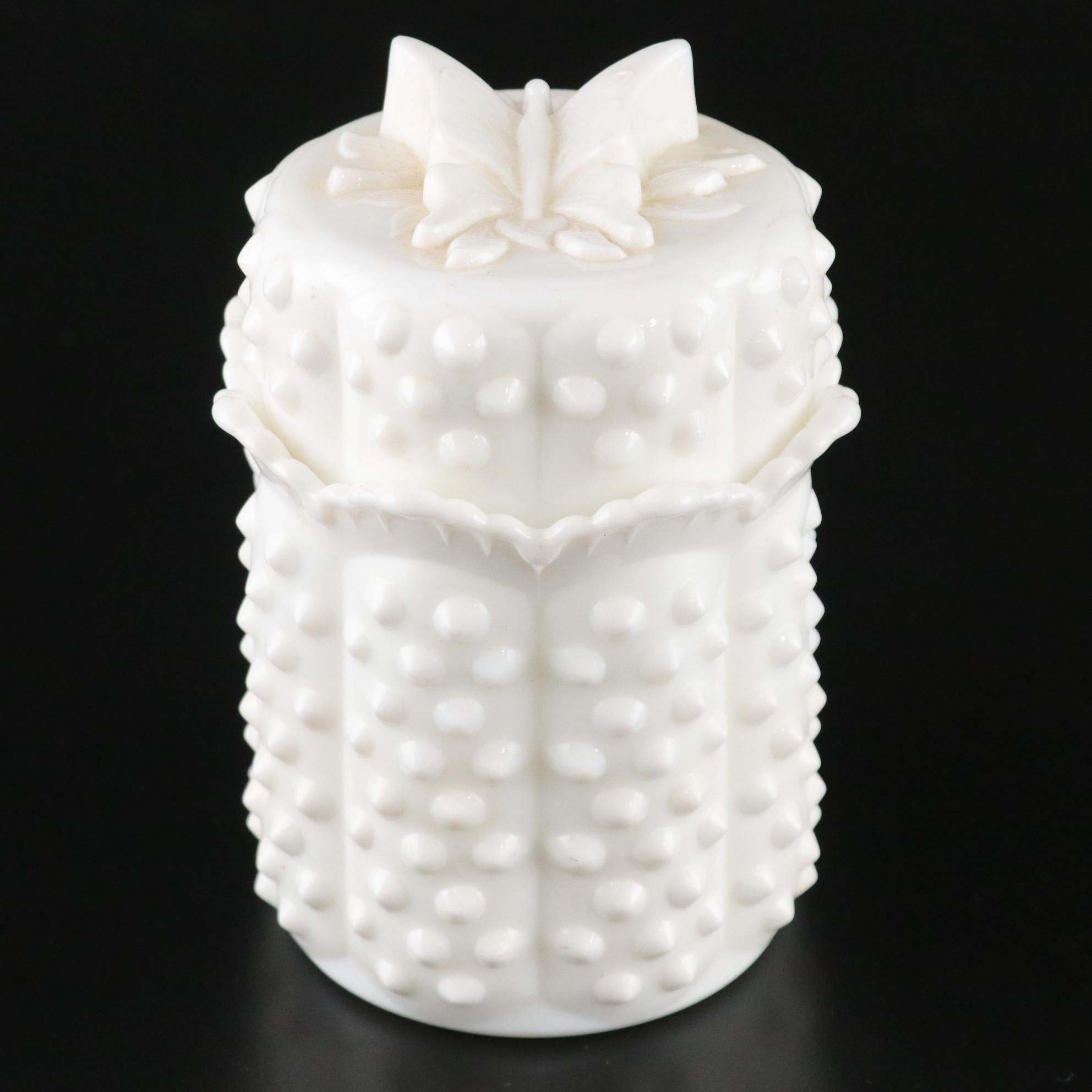 Westmoreland Milk Glass Pansy Basket and Fenton Fairy Lamp and Dresser Jar