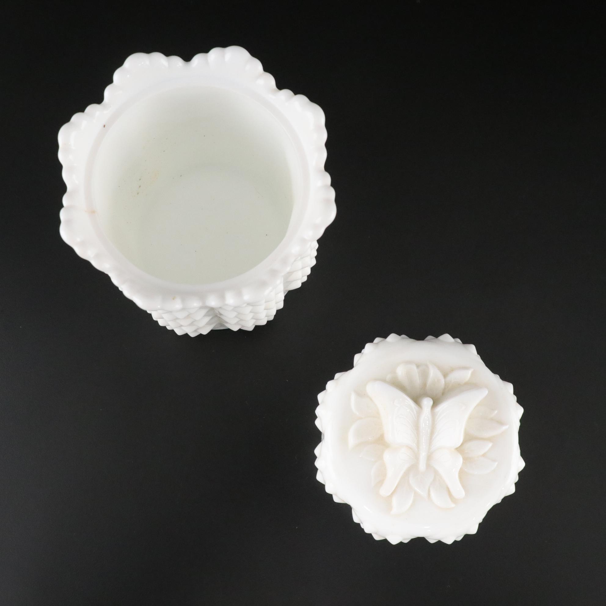 Westmoreland Milk Glass Pansy Basket and Fenton Fairy Lamp and Dresser Jar