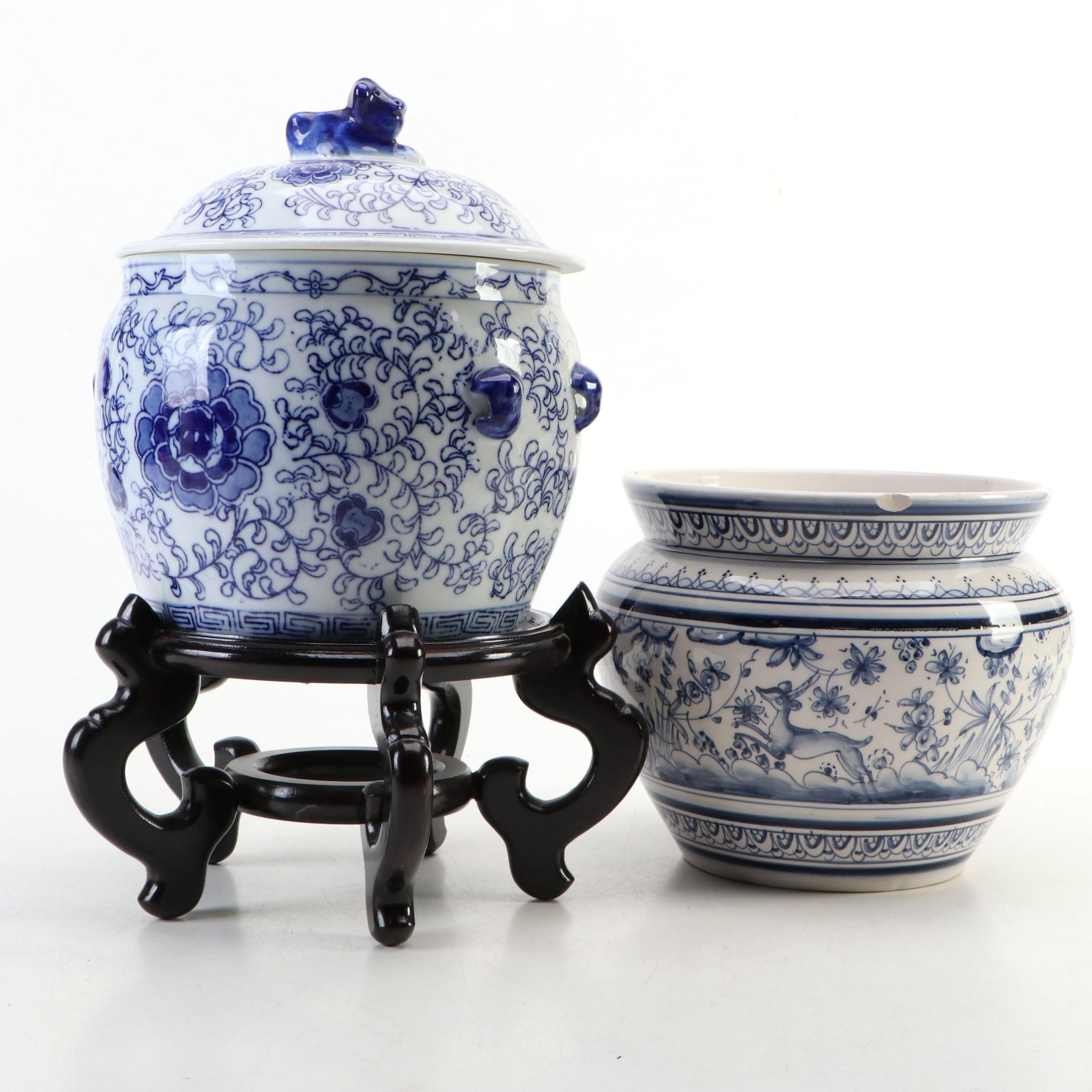 Chinese Blue and White Ginger Jar and Wood Stand with Portuguese Ceramic Planter