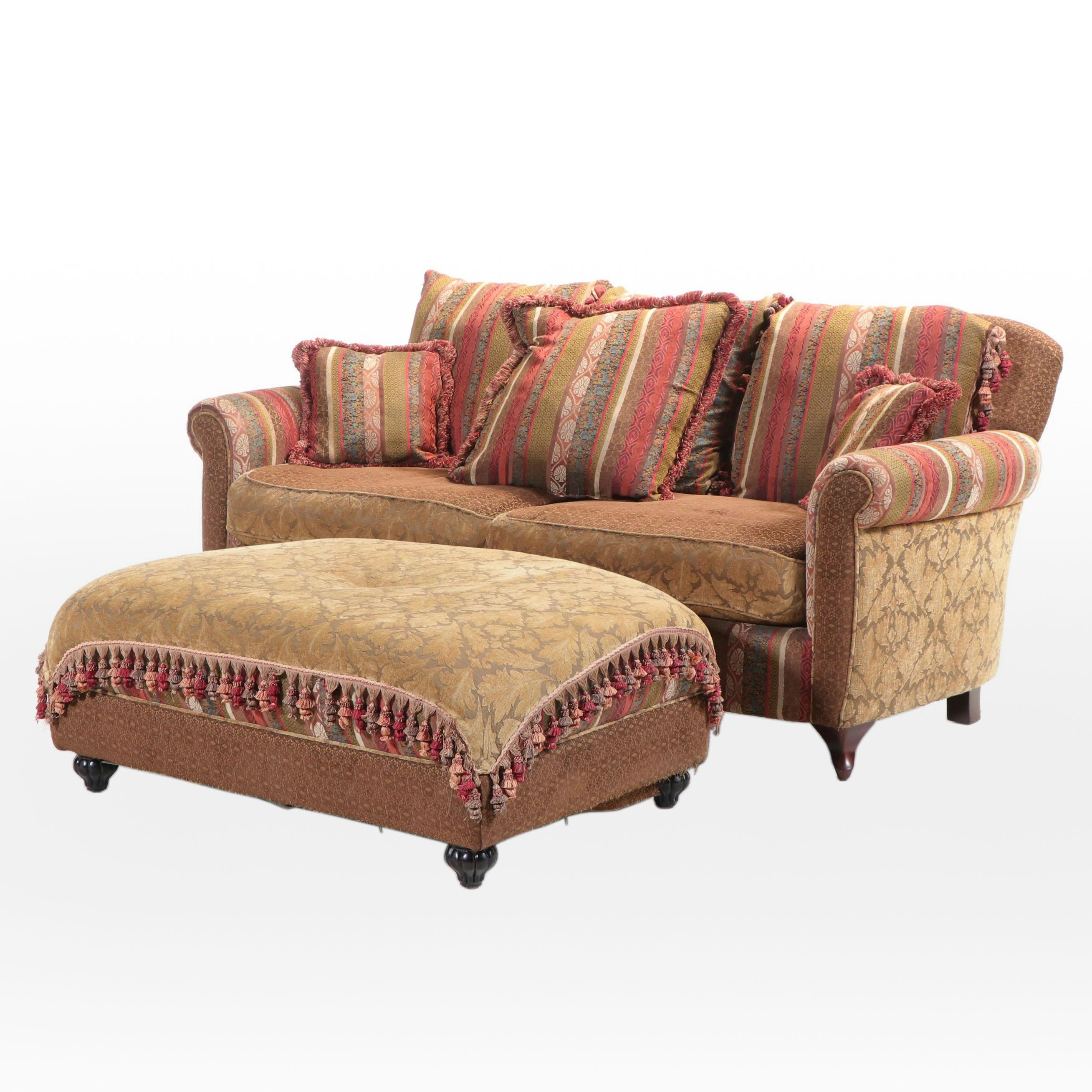 Boho Style Custom-Upholstered Two-Seat Sofa with Cocktail Ottoman