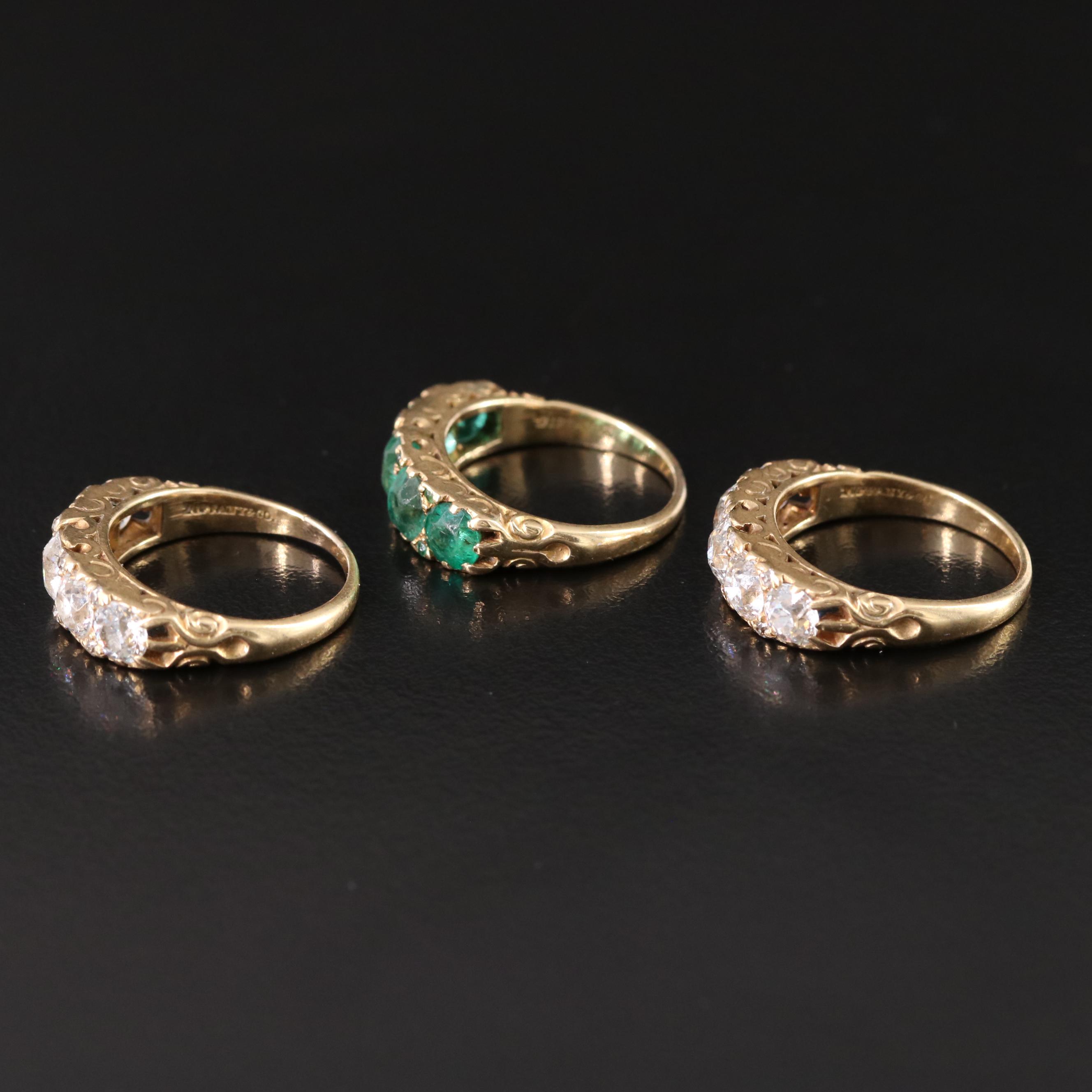 Tiffany & Co. Edwardian 18K Emerald and 4.13 CTW Diamond Three Ring Set