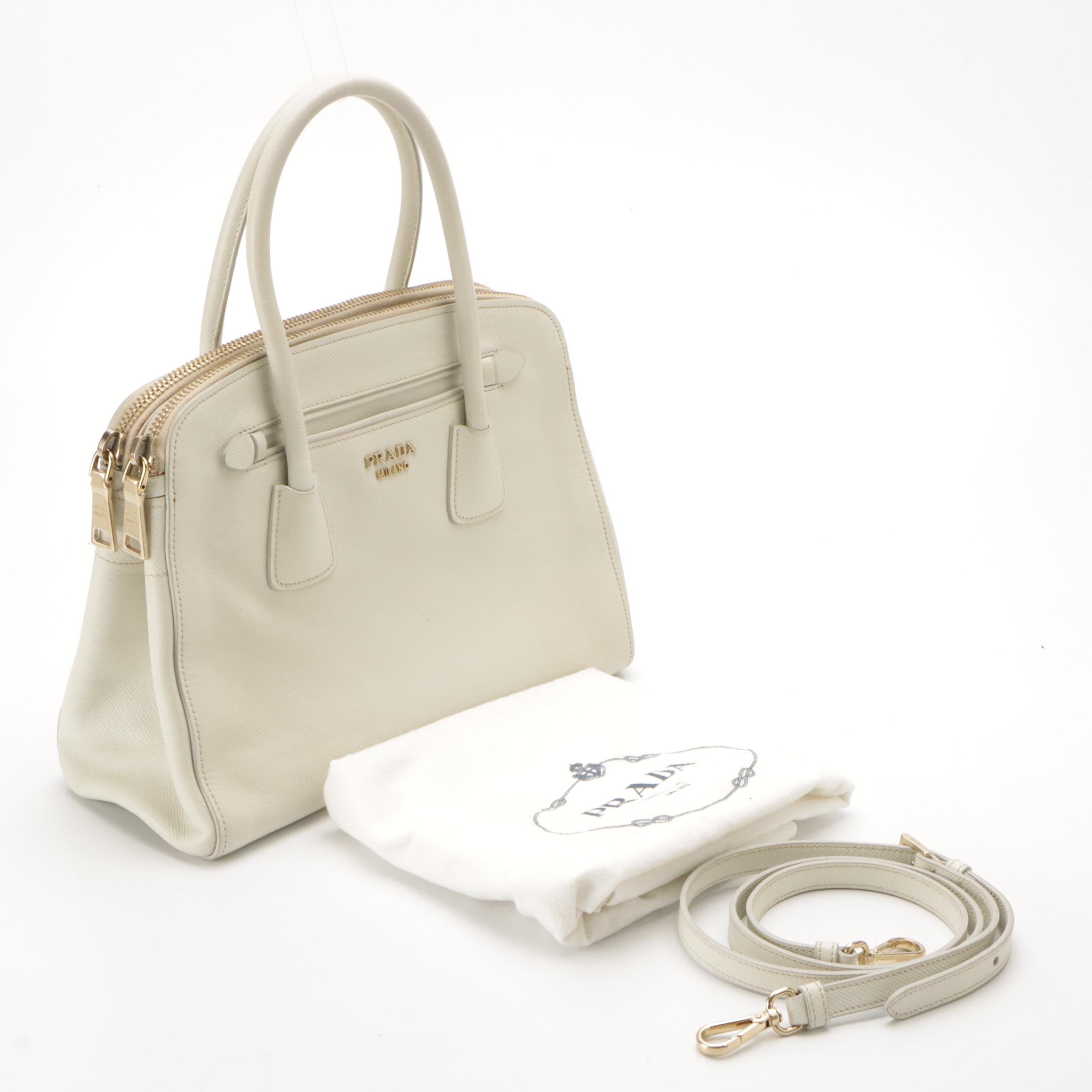Prada Double Zip Two-Way Handbag in White Saffiano Leather