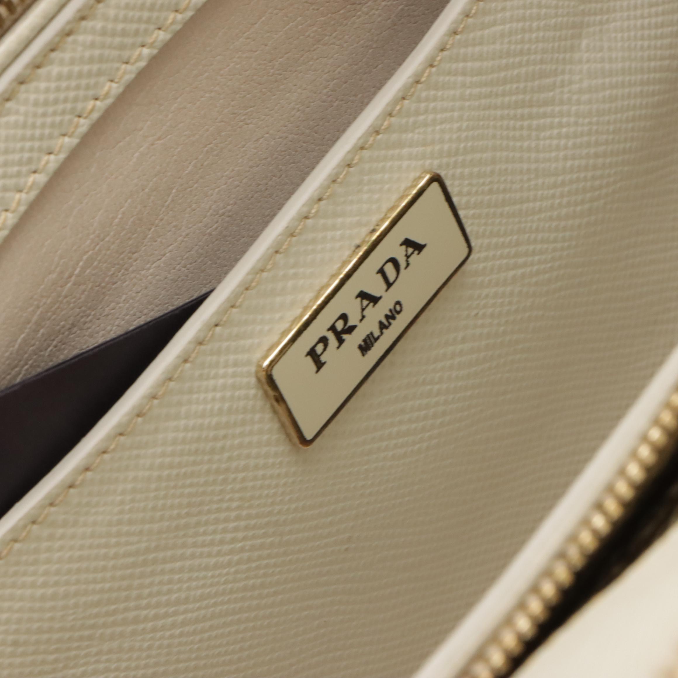 Prada Double Zip Two-Way Handbag in White Saffiano Leather