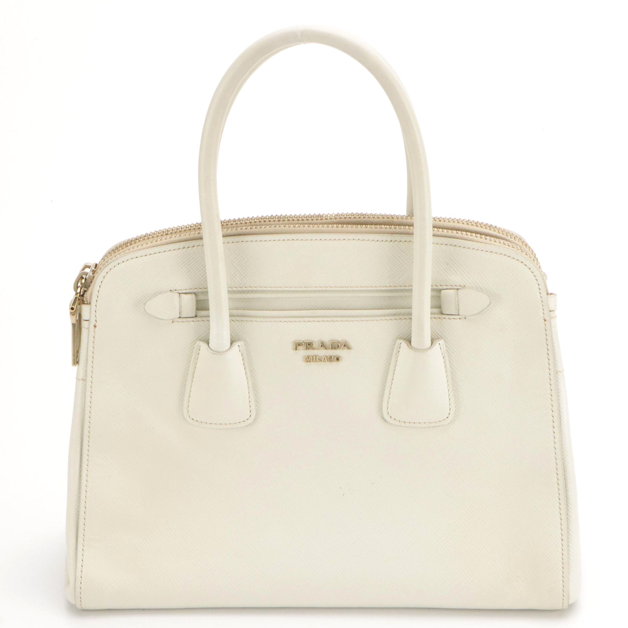 Prada Double Zip Two-Way Handbag in White Saffiano Leather