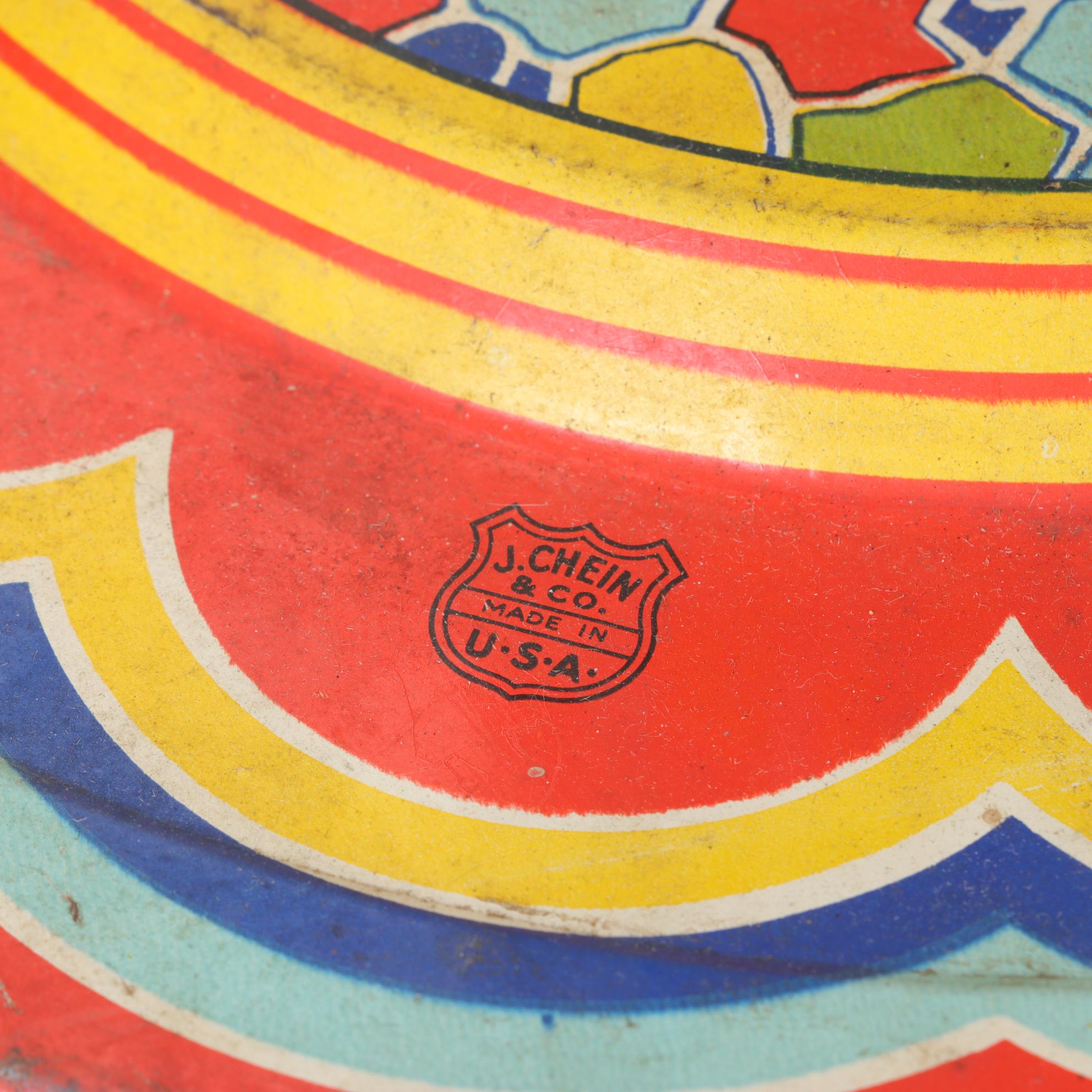 J. Chein "Ride a Rocket" Tin Litho Wind-Up Toy with Two Ohio Art Metal Tops