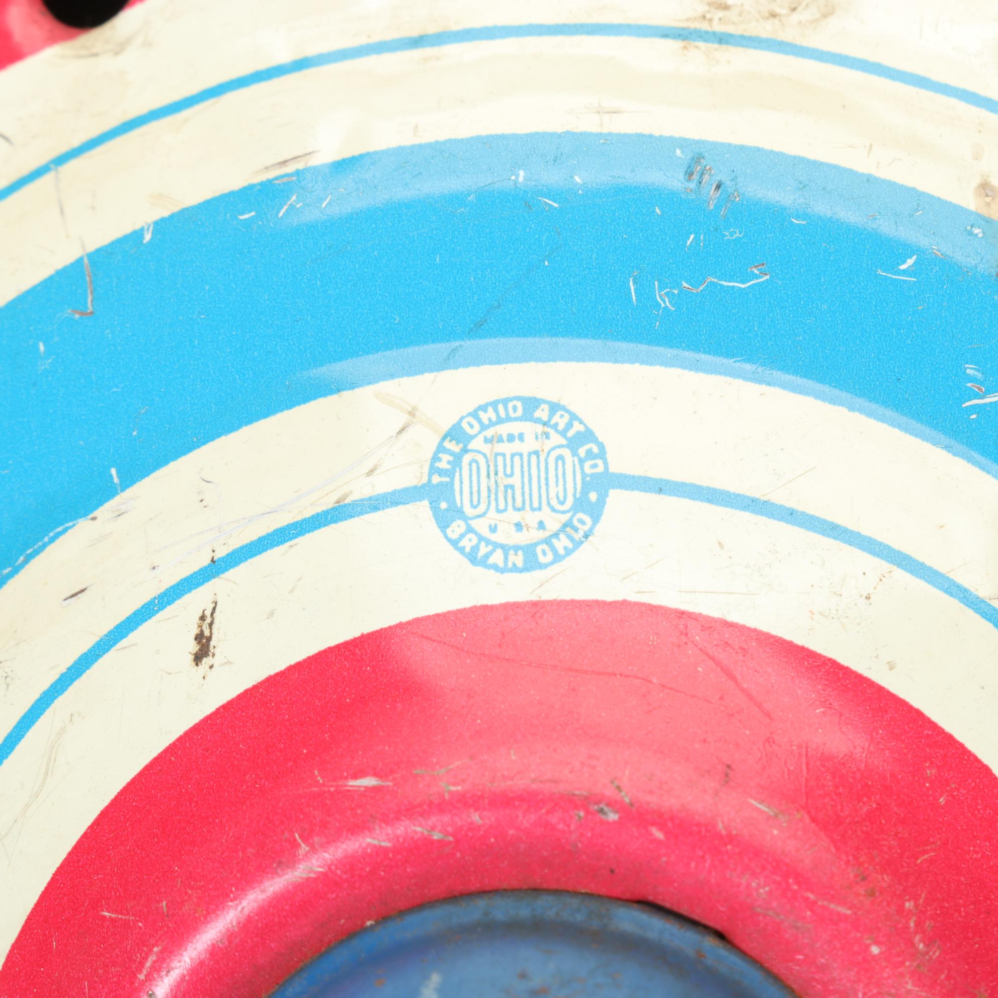 J. Chein "Ride a Rocket" Tin Litho Wind-Up Toy with Two Ohio Art Metal Tops