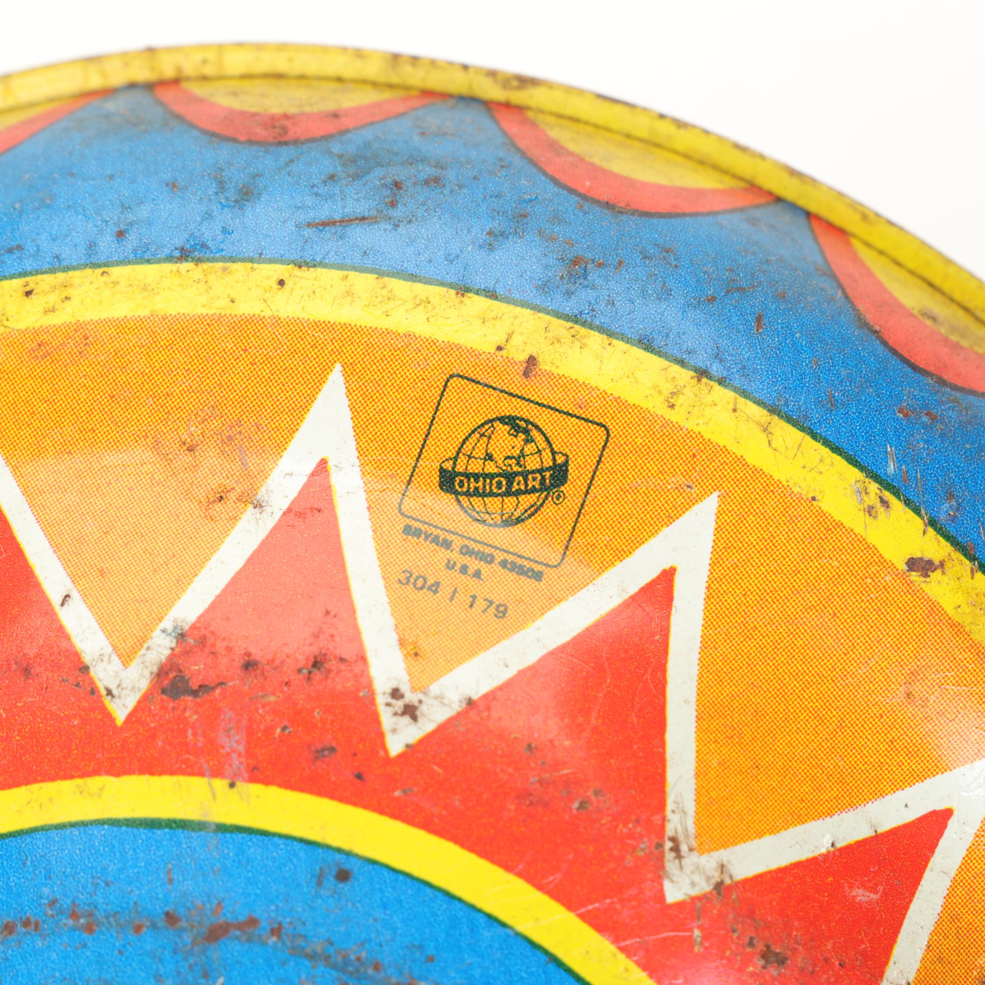 J. Chein "Ride a Rocket" Tin Litho Wind-Up Toy with Two Ohio Art Metal Tops