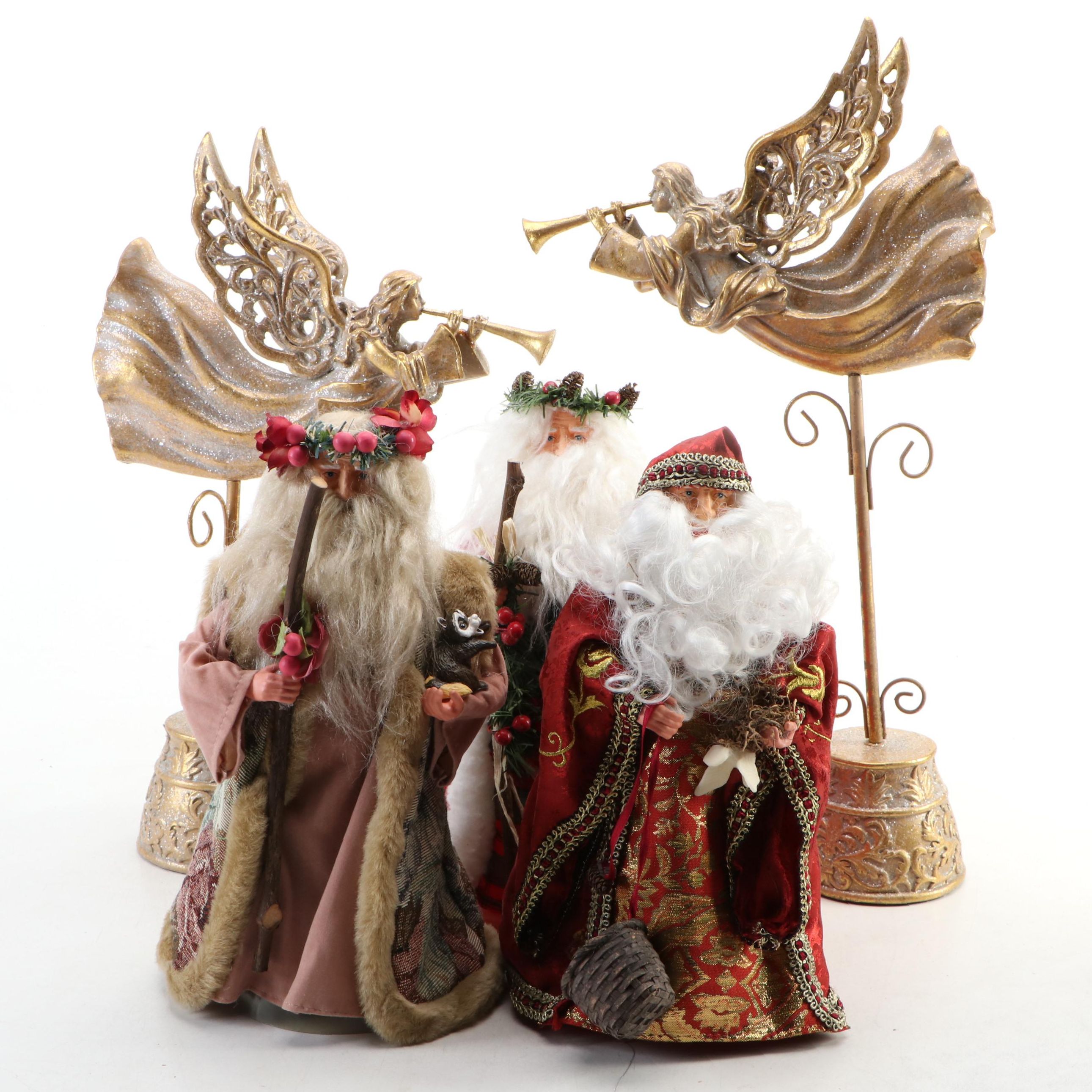 Gilt Resin Trumpeting Angel Sculptures with Fabric Santa Tree Toppers