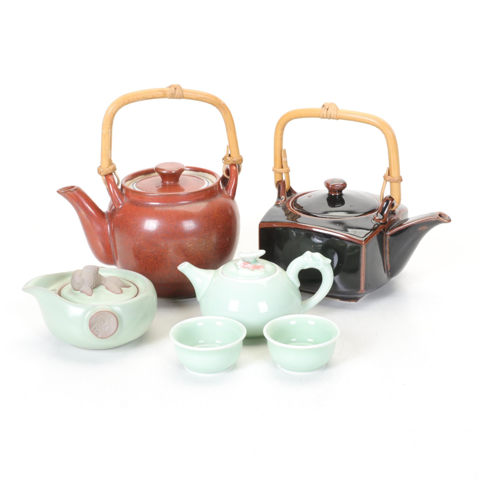 Celadon Koi Fish Tea Set and Pair of Teapots with Bamboo Handles