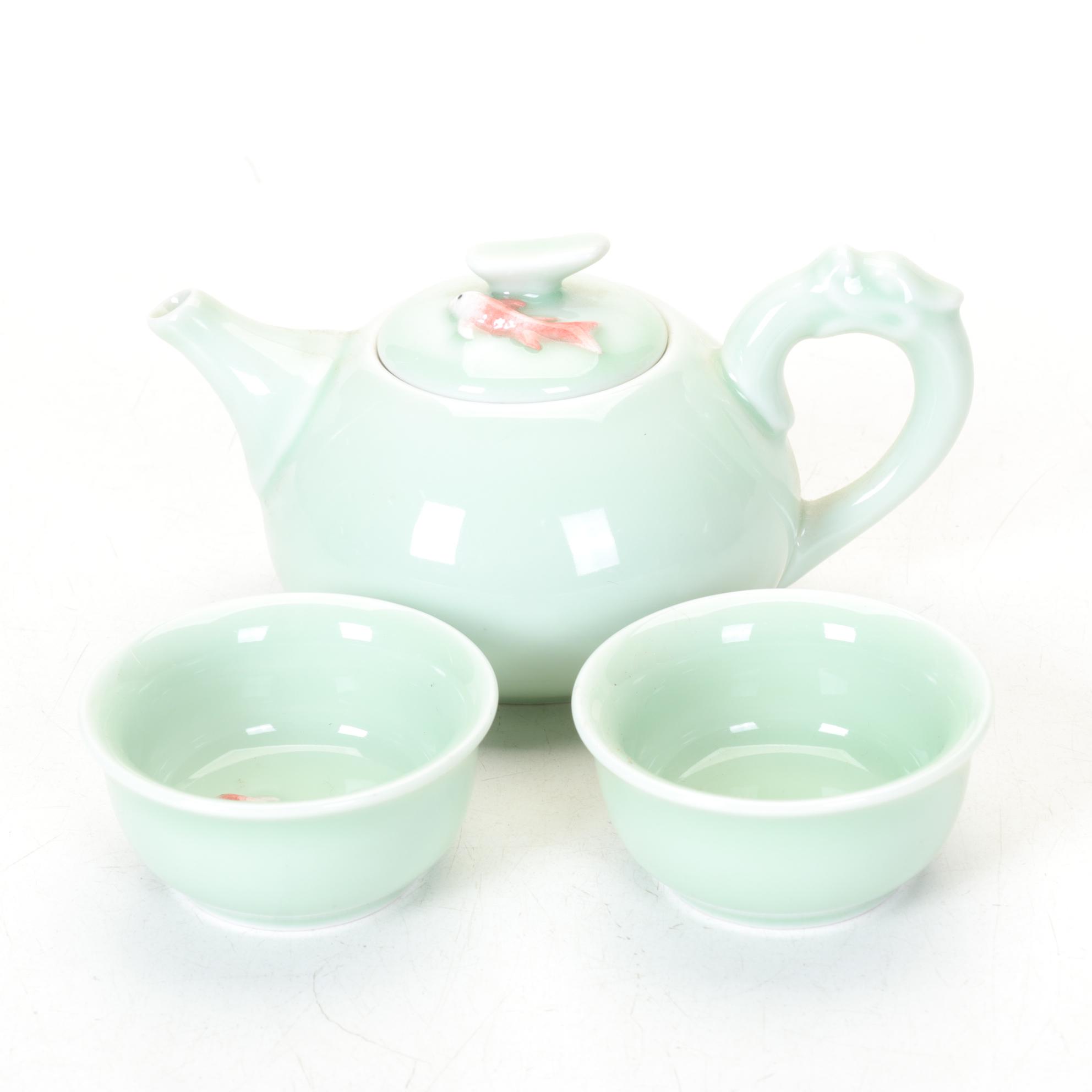 Celadon Koi Fish Tea Set and Pair of Teapots with Bamboo Handles