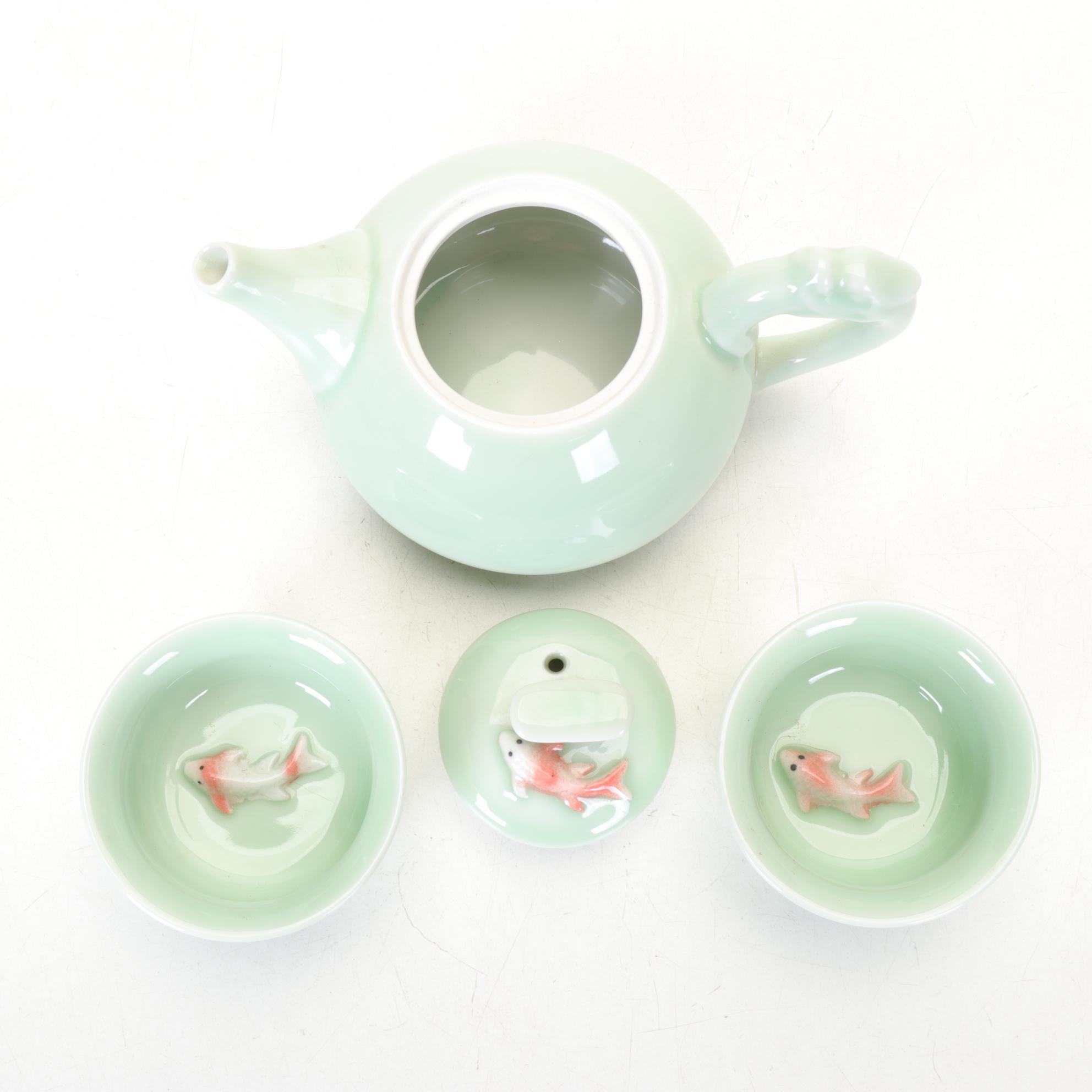 Celadon Koi Fish Tea Set and Pair of Teapots with Bamboo Handles
