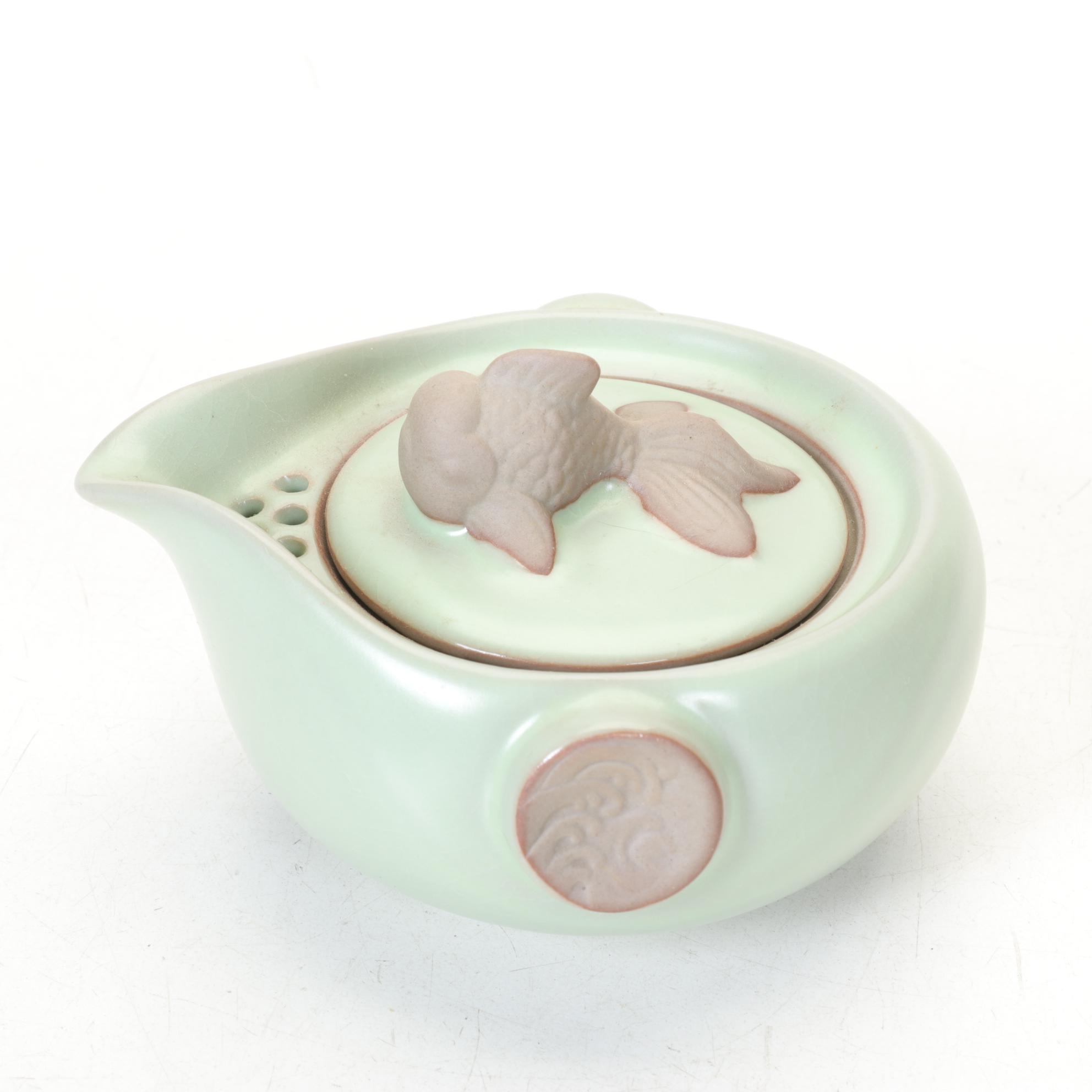 Celadon Koi Fish Tea Set and Pair of Teapots with Bamboo Handles