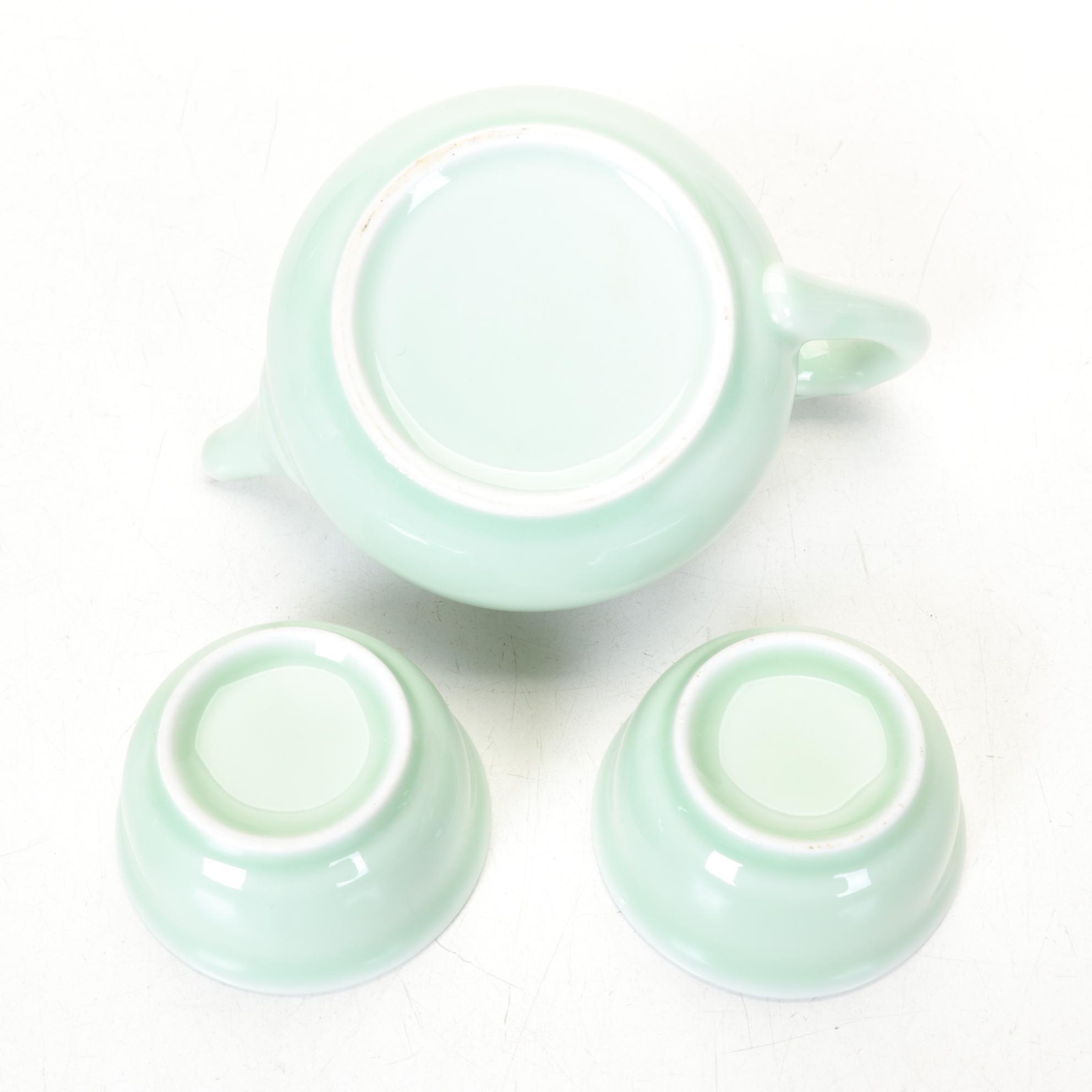 Celadon Koi Fish Tea Set and Pair of Teapots with Bamboo Handles