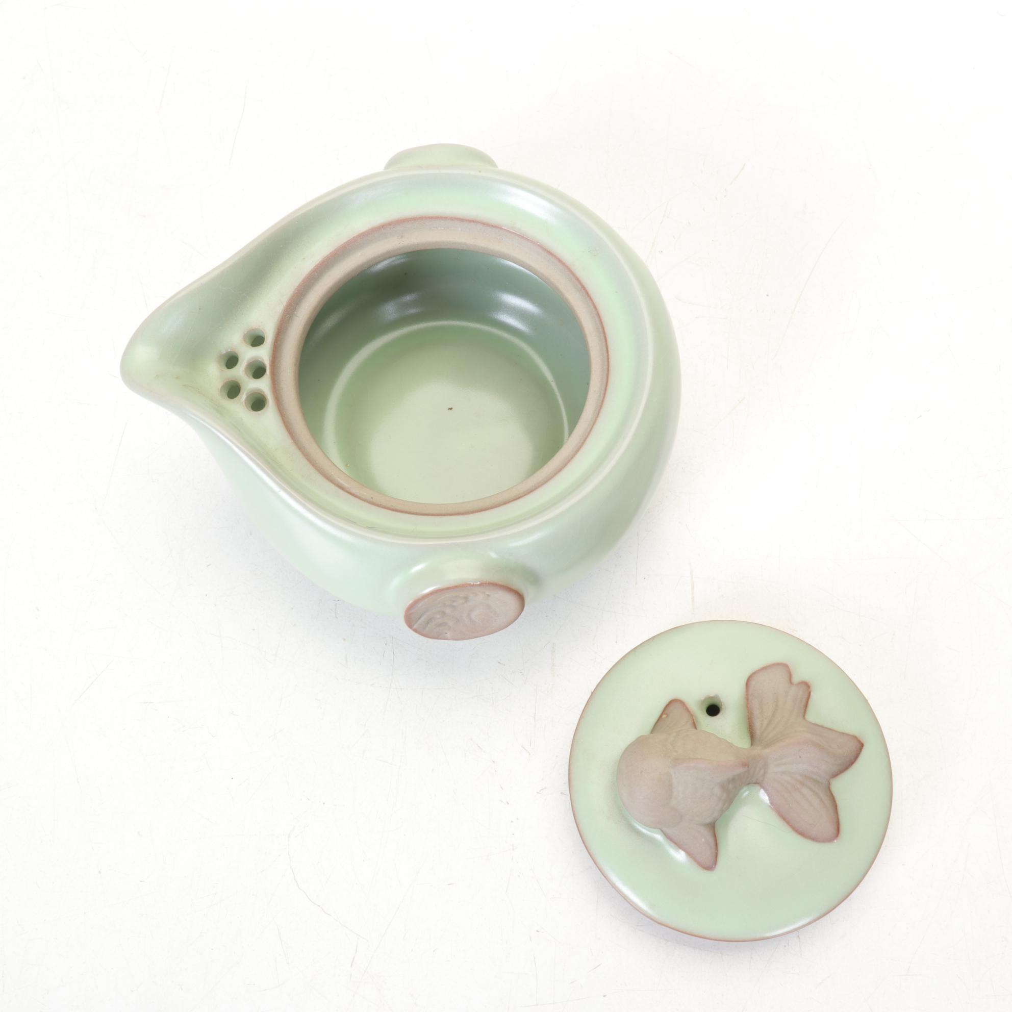Celadon Koi Fish Tea Set and Pair of Teapots with Bamboo Handles